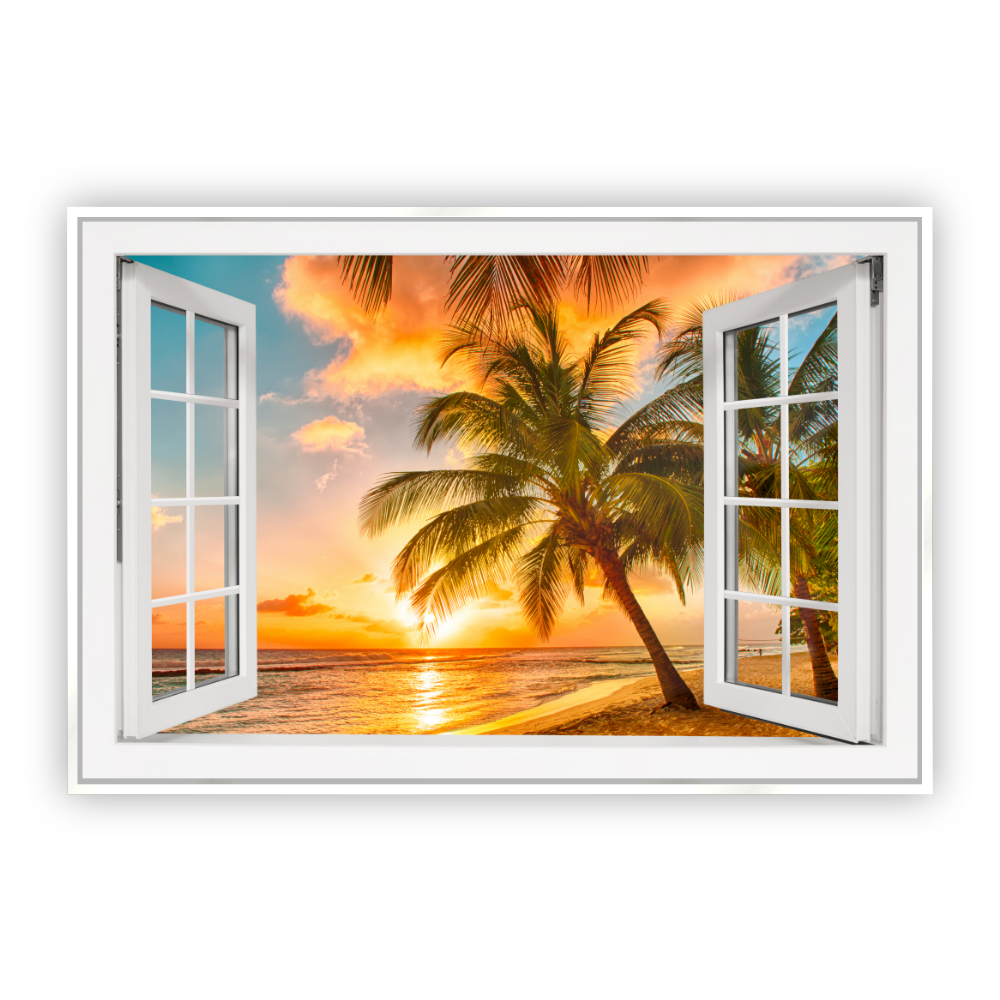 Cuadro Canvas Revolution Ventana Playa Mar Palmera Marco color Blanco