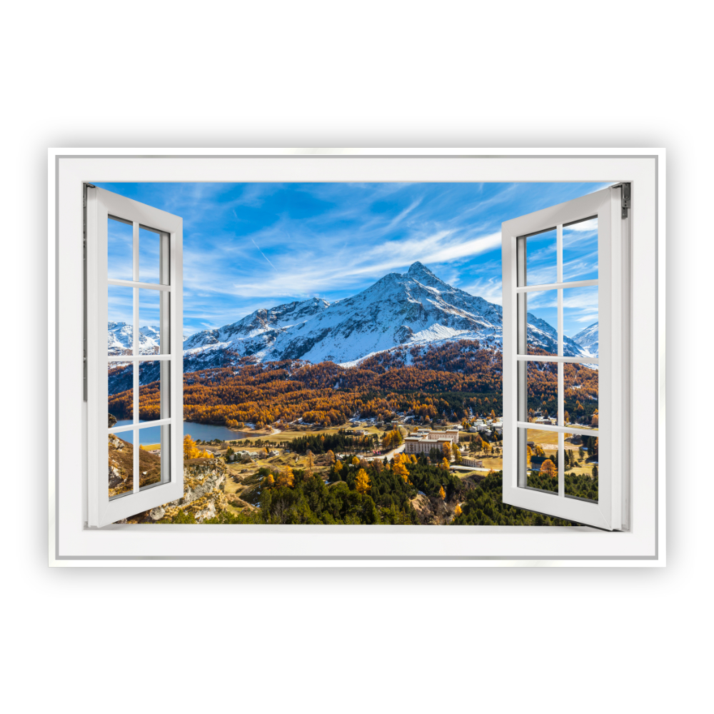 Cuadro Canvas Revolution Ventana Montaña y Lago Sils con Marco color Blanco