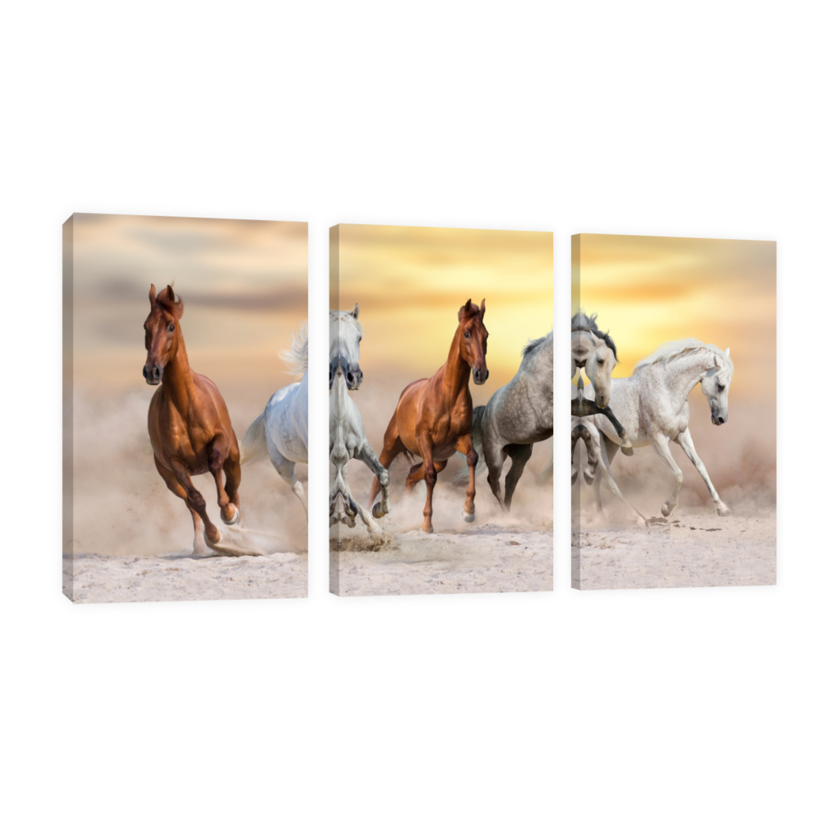 Bastidor Canvas Revolution Vertical Caballos Atardecer 3 Piezas