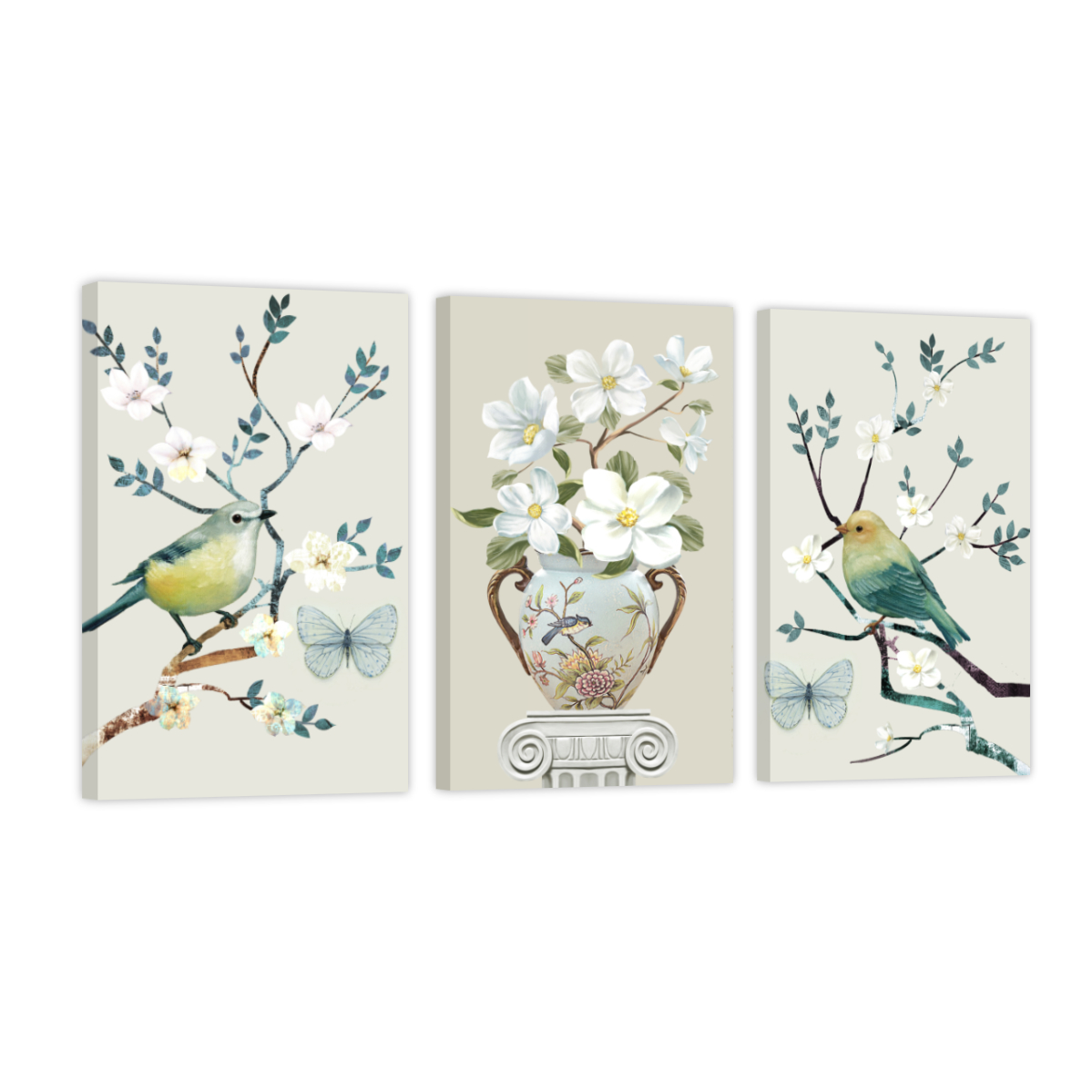 Set de Cuadros Canvas Revolution Tríptico Vertical Pájaros con Flores 3 Piezas 30 x 45 cm c/u