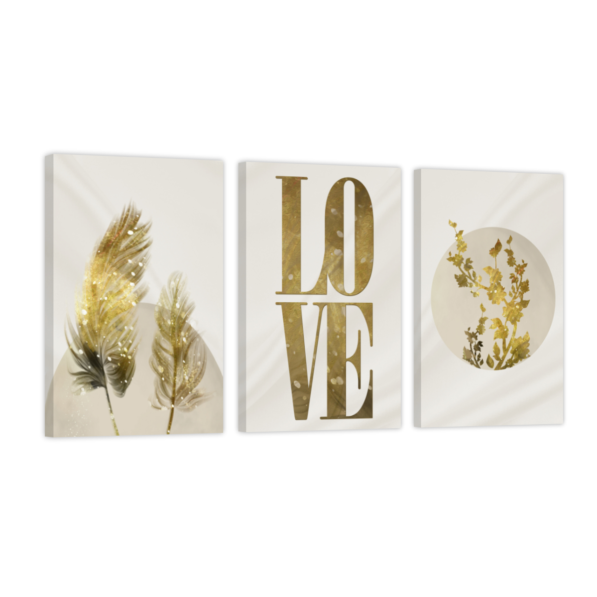 Cuadro Canvas Revolution Tríptico Vertical Love Oro y Adorno Set de 3 Piezas 30 X 45 CM C/U