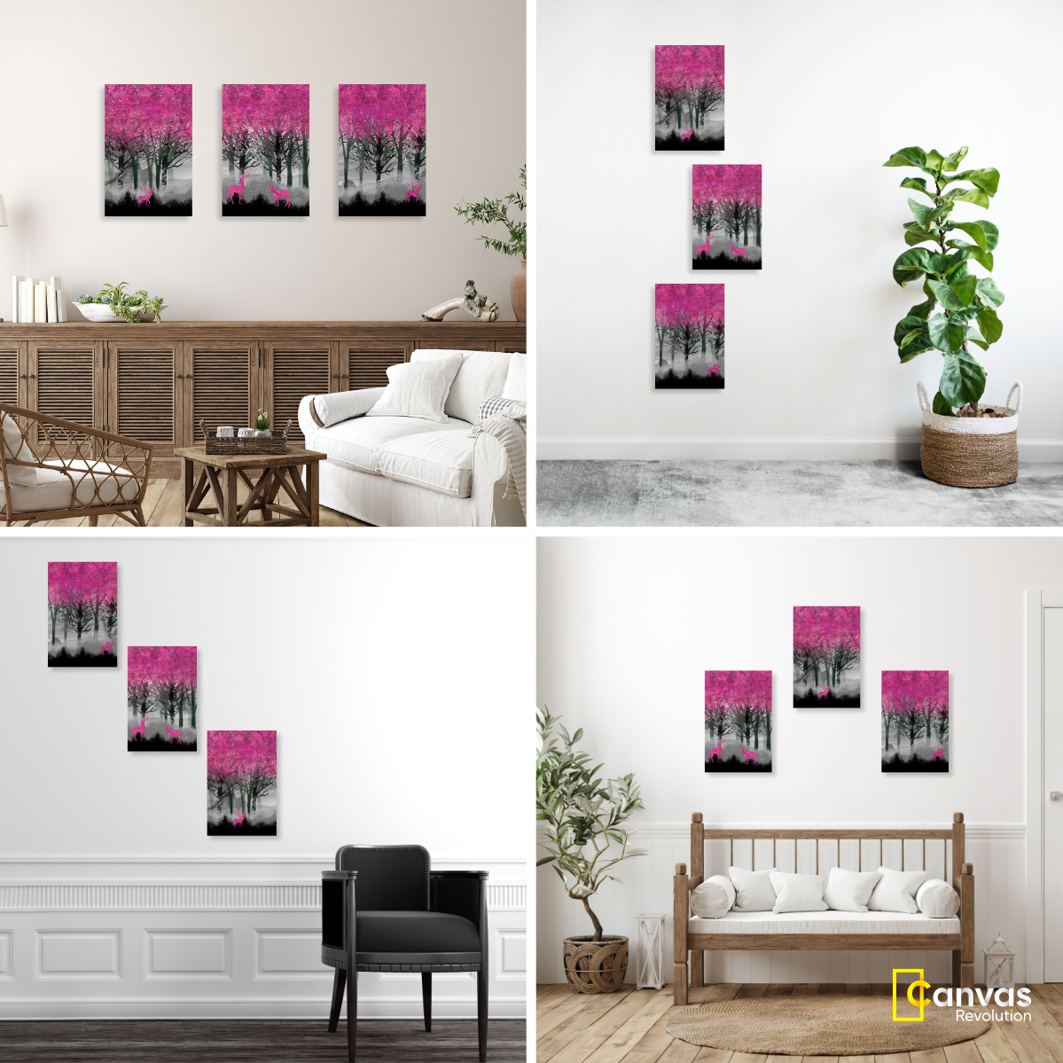 Foto 4 pulgar | Set de Cuadros Canvas Revolution Tríptico Vertical Venado Rosa Árbol 3 Piezas 30 x 45 cm c/u