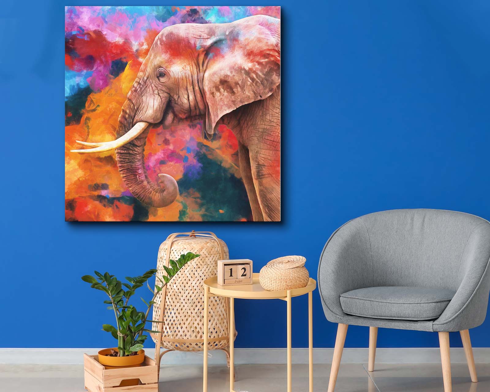 Foto 2 | Cuadro Decorativo Canvas Art Pintura Moderna de Elefante Fondo Colorido Multicolor 120 X 120 CM