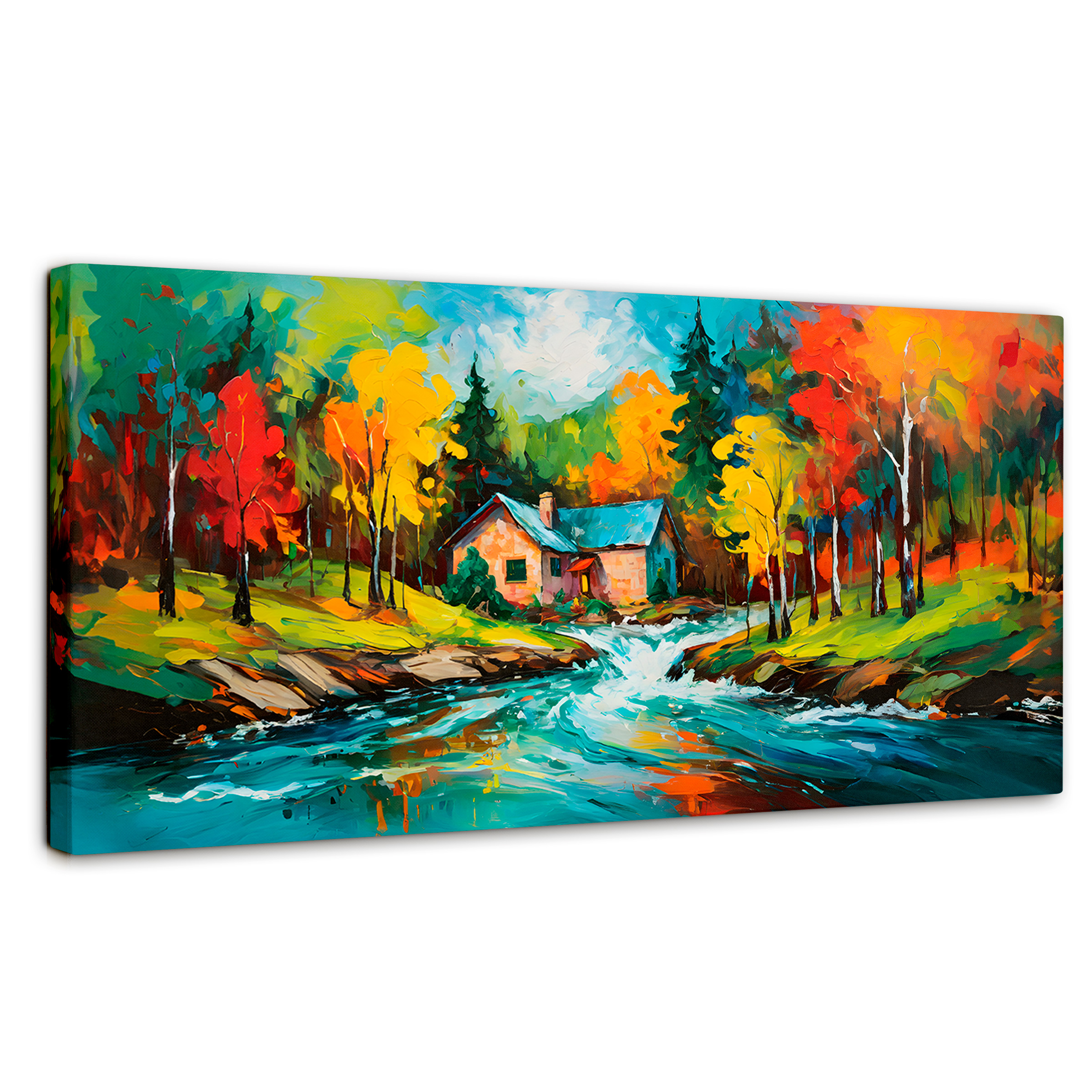 Cuadro Decorativo Canvas Cabaña Bosque Otoño 120x60