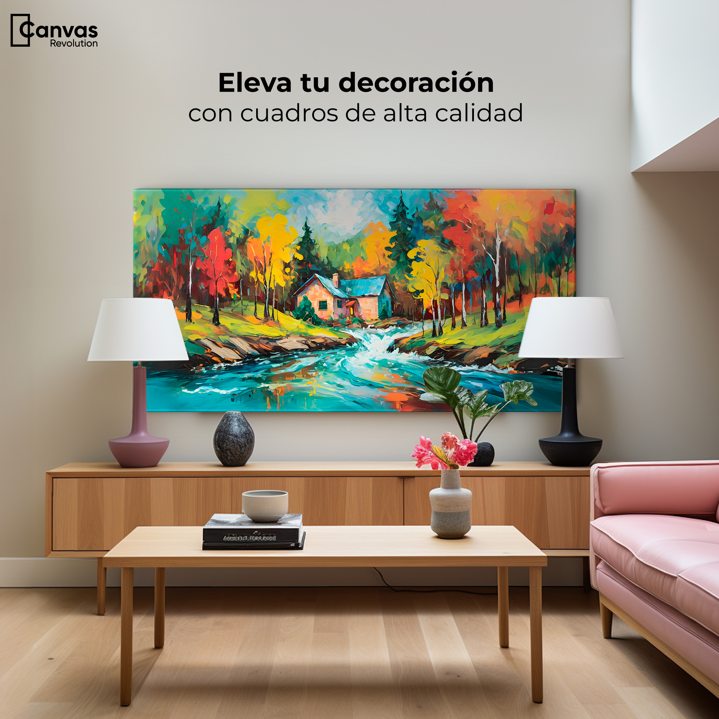 Foto 4 pulgar | Cuadro Decorativo Canvas Cabaña Bosque Otoño 120x60
