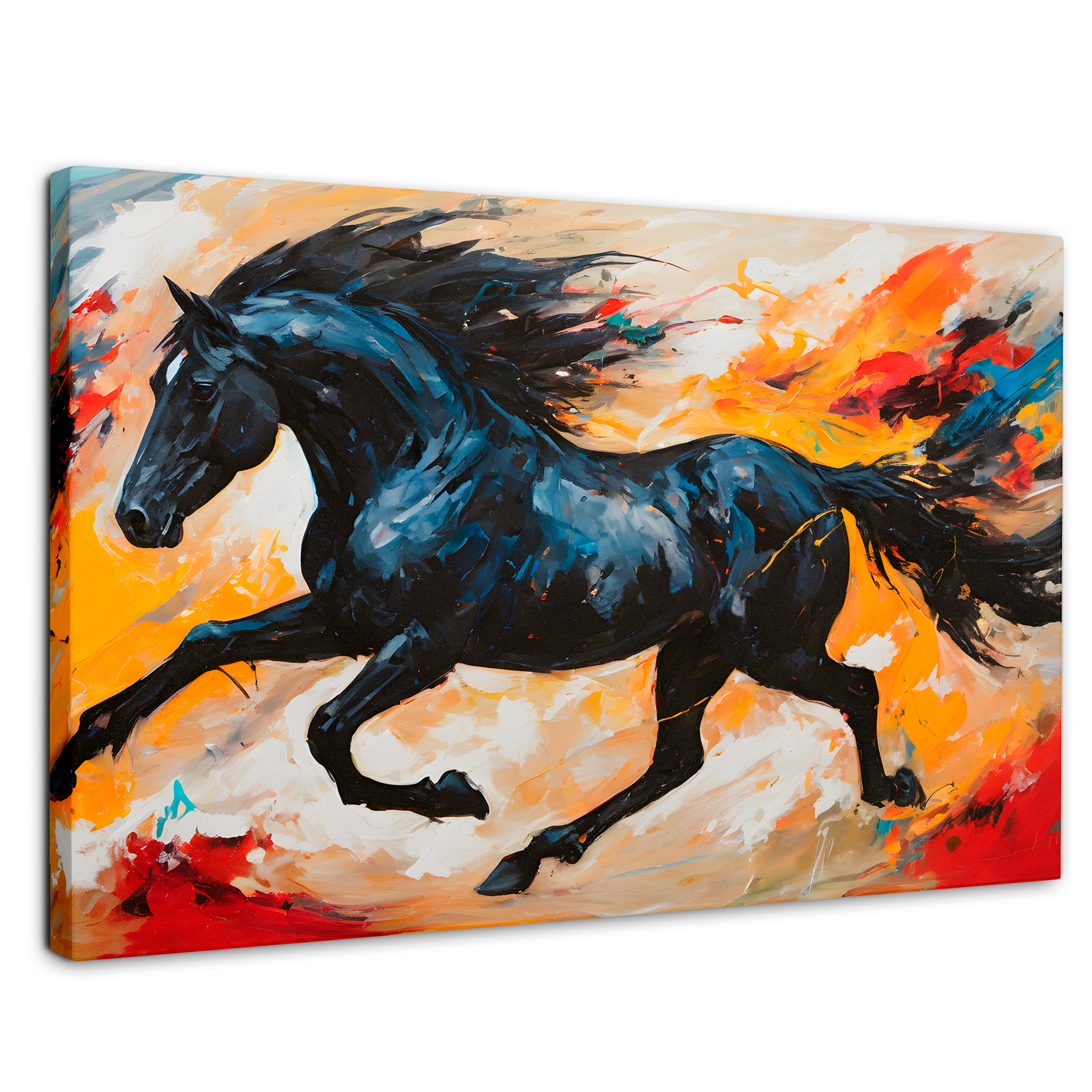 Cuadro Decorativo Canvas Caballo Negro Trote 90x60