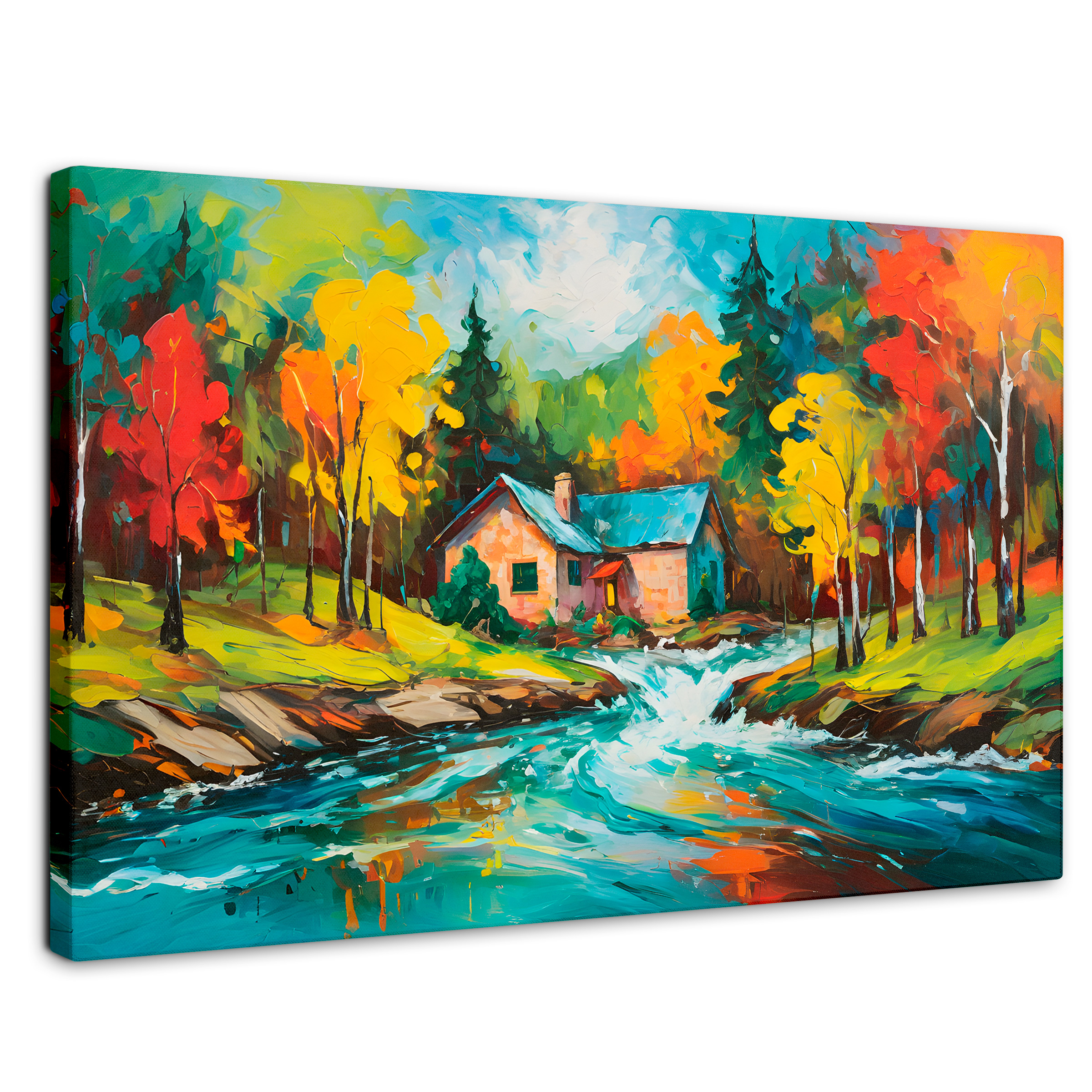 Cuadro Decorativo Canvas Cabaña Bosque Otoño 90x60