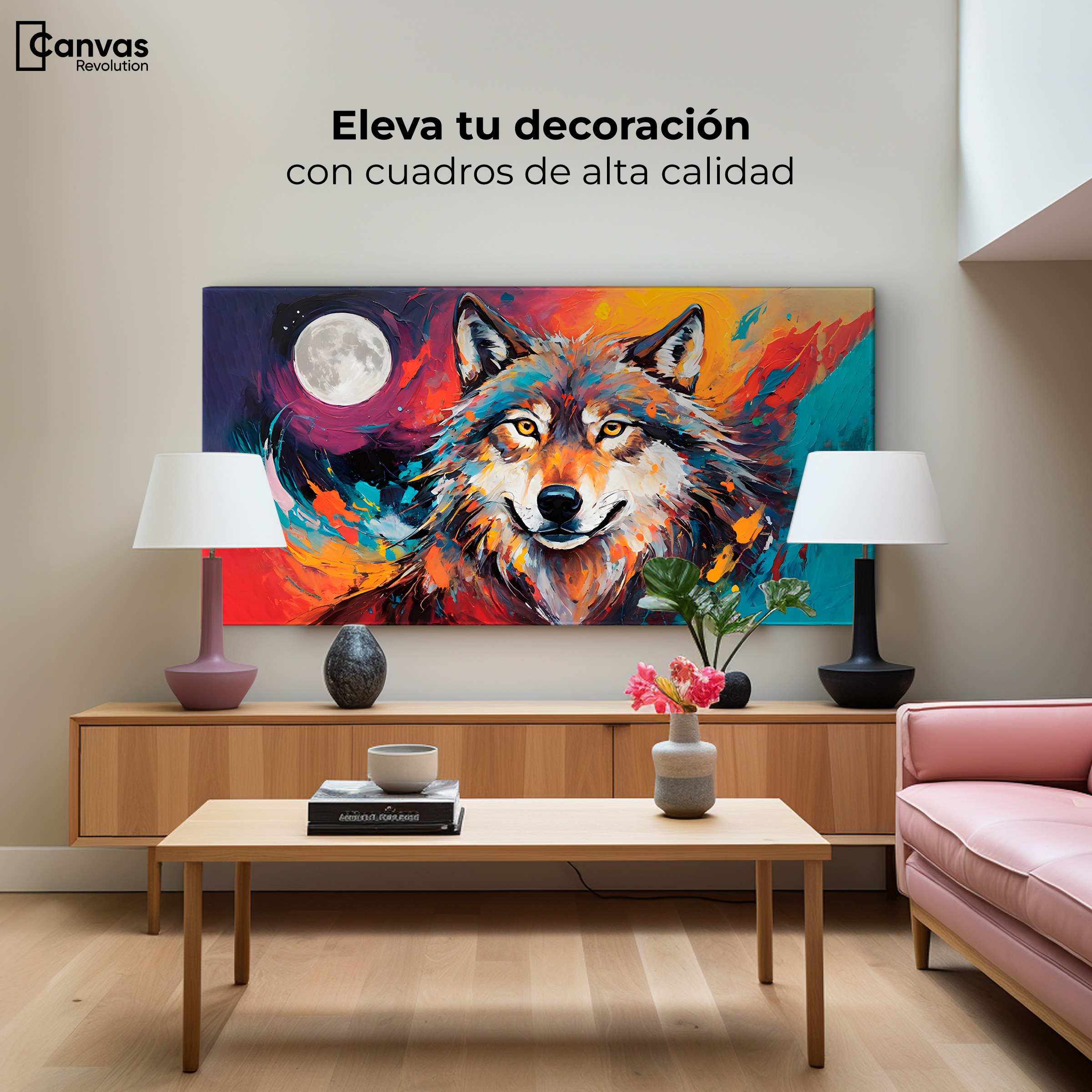 Foto 4 pulgar | Cuadro Decorativo Canvas Lobo Luna Llena 140x70