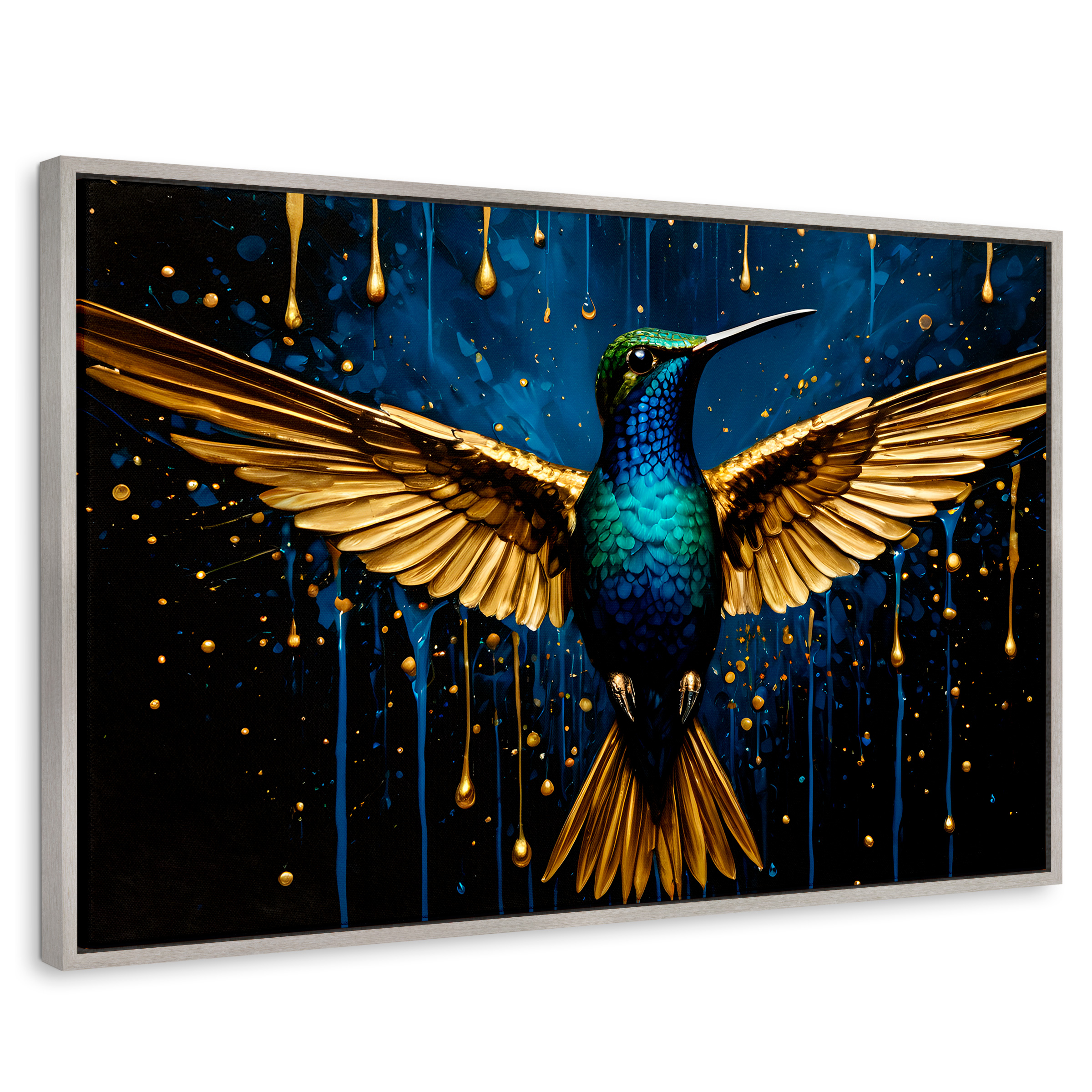 Cuadro Decorativo Marco Flotante Colibrí Destellos 90x60 Marco Plateado