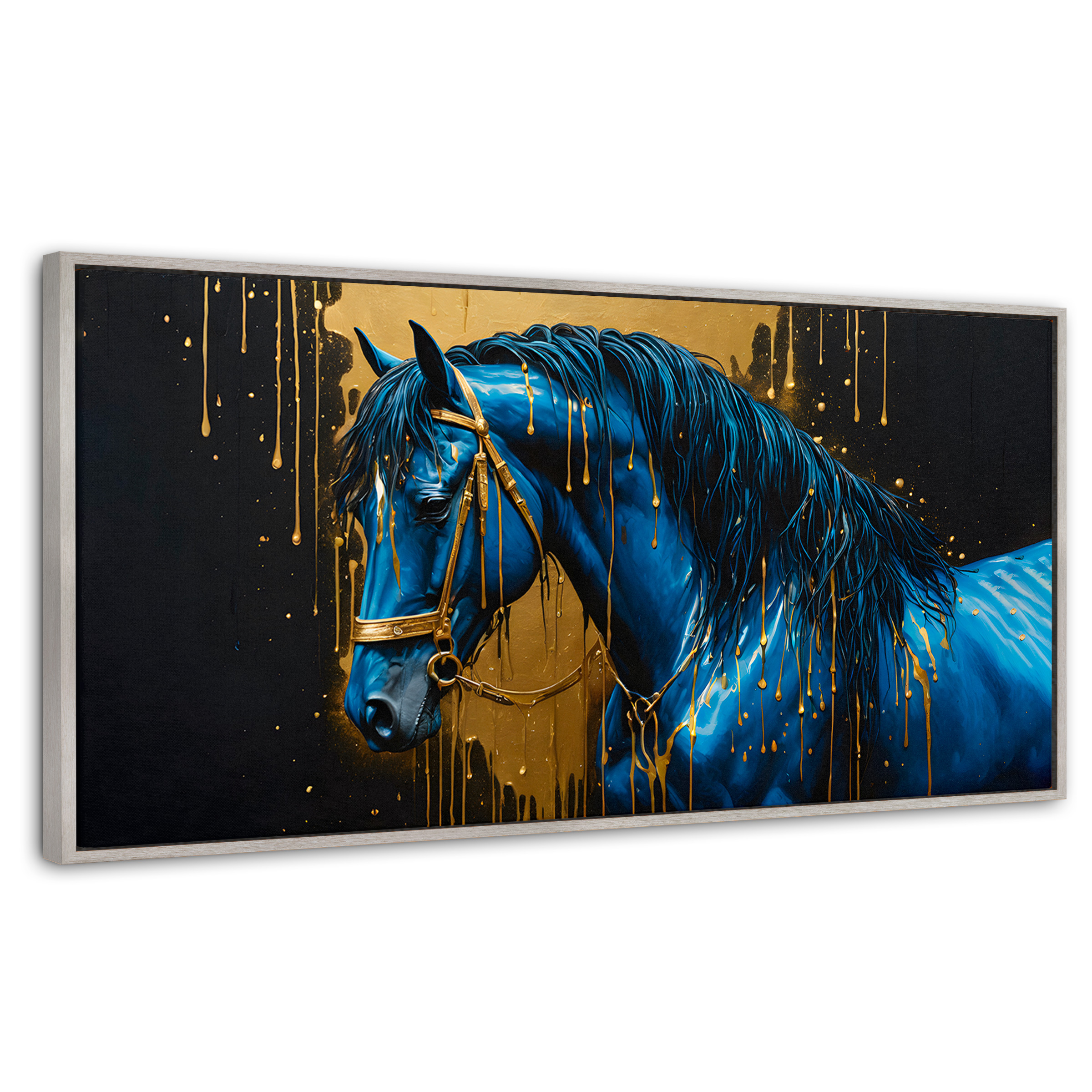 Cuadro Decorativo Marco Flotante Elegancia Azul Oro 120x60 Marco Plateado