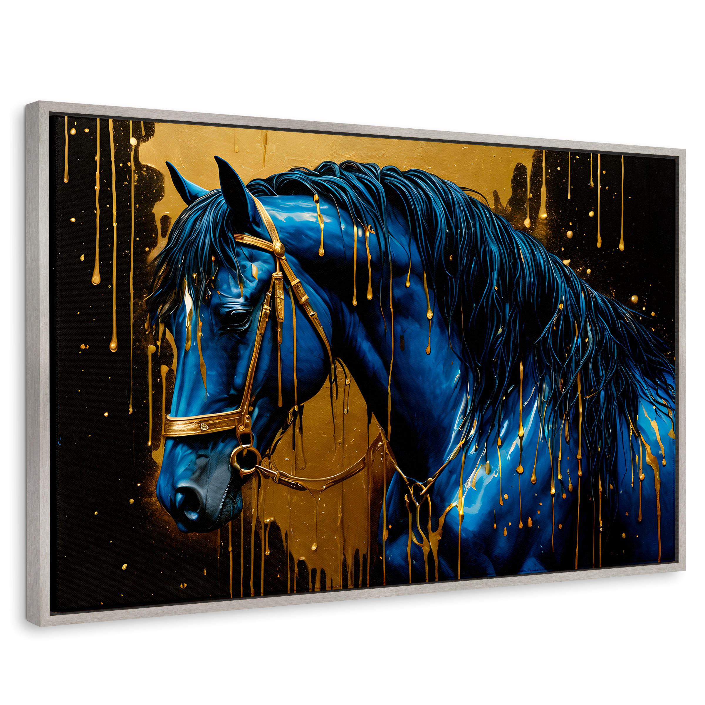 Cuadro Decorativo Marco Flotante Elegancia Azul Oro 90x60 Marco Plateado