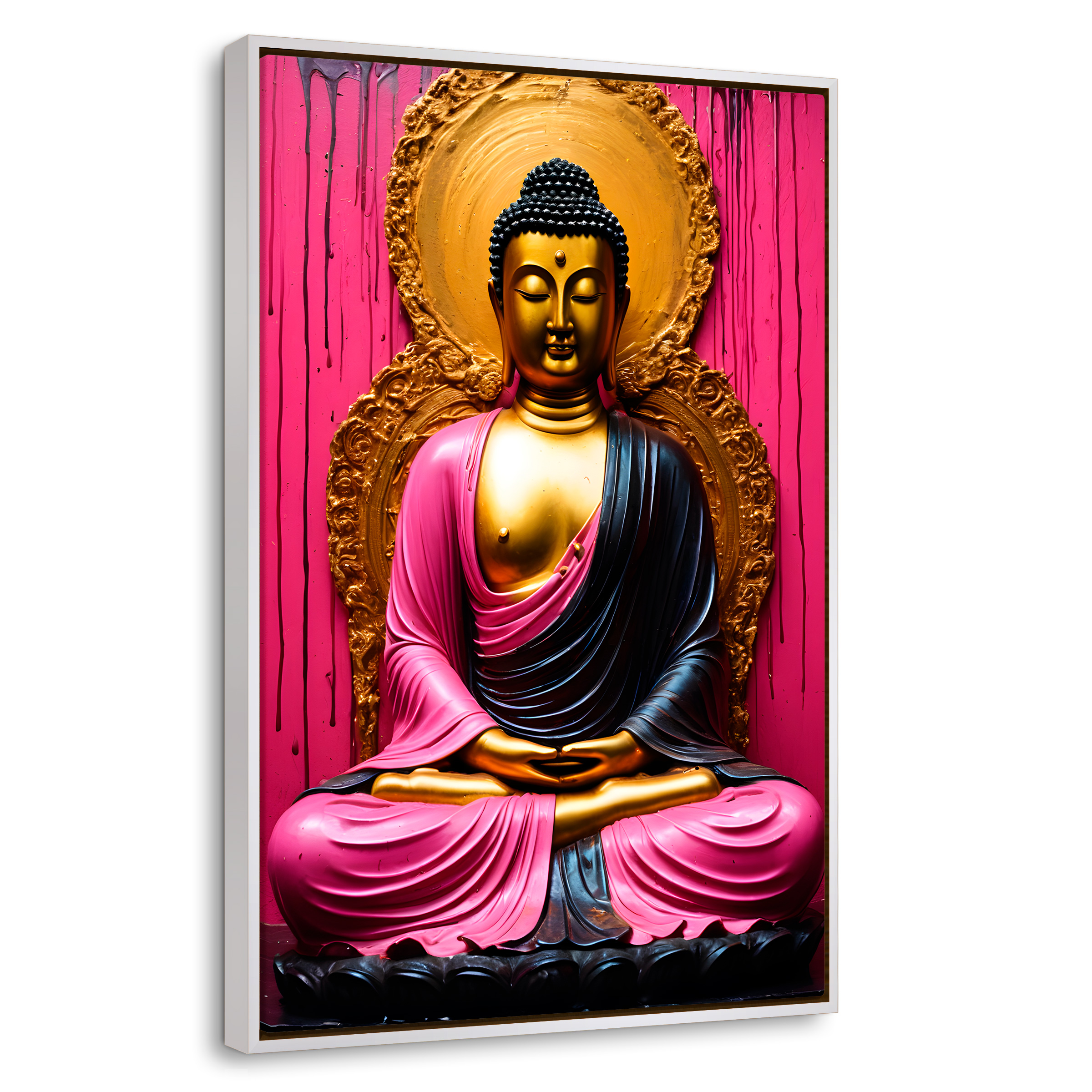 Cuadro Decorativo Marco Flotante Meditación Dorada 80x120 Marco Blanco