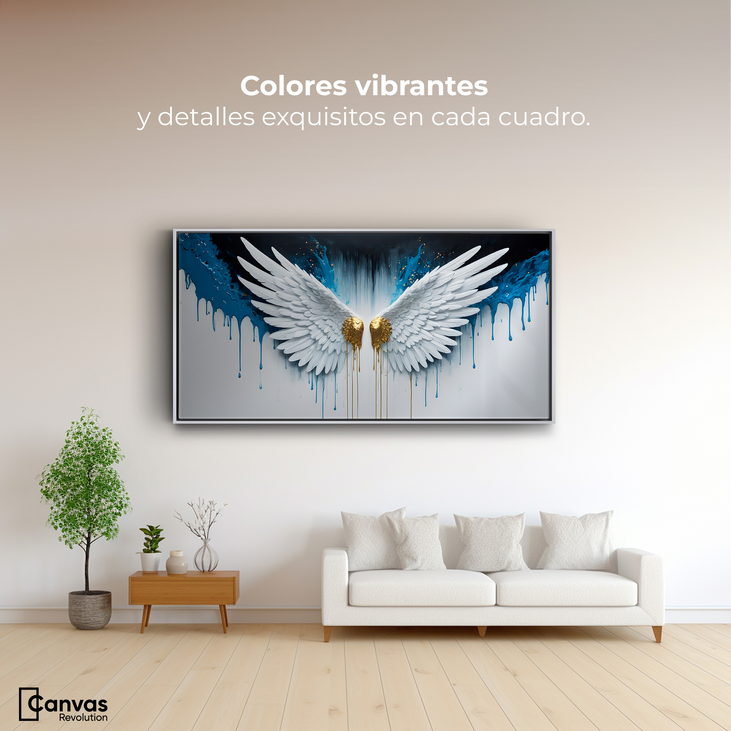 Foto 3 pulgar | Cuadro Decorativo Marco Flotante Alas Corazón Dorado 120x60 Marco Blanco