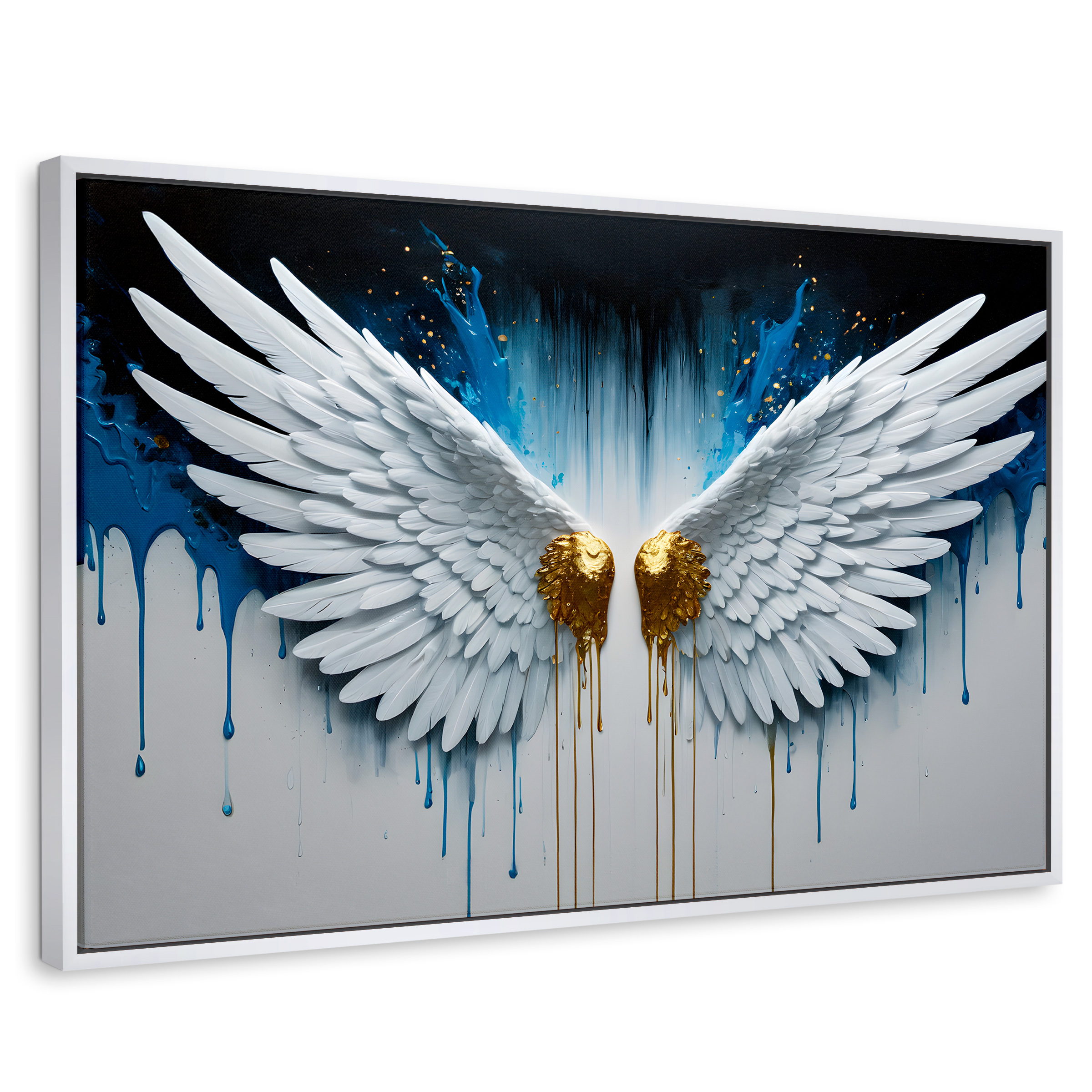 Cuadro Decorativo Marco Flotante Alas Corazón Dorado 90x60 Marco Blanco