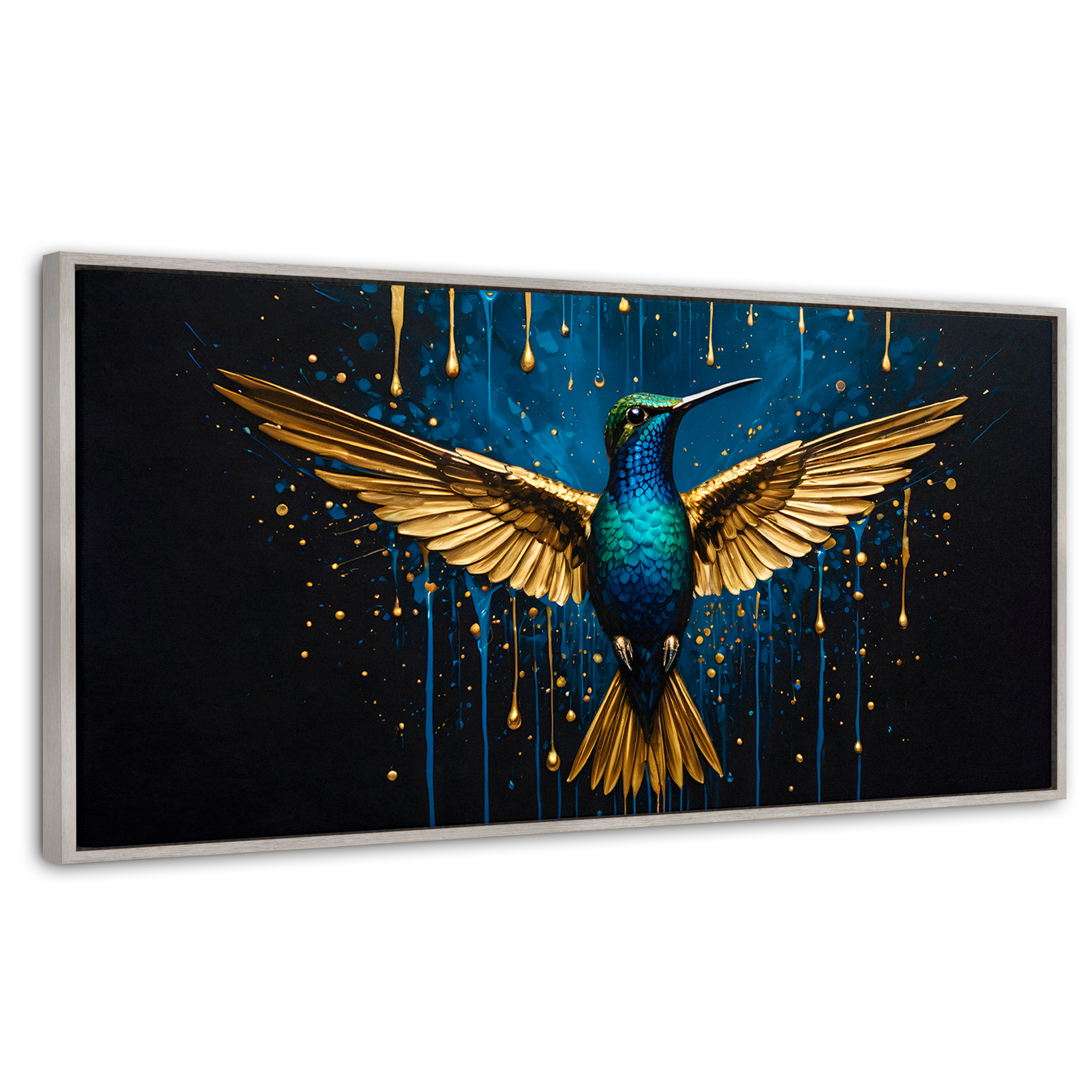 Cuadro Decorativo Marco Flotante Colibrí Destellos 120x60 Marco Plateado