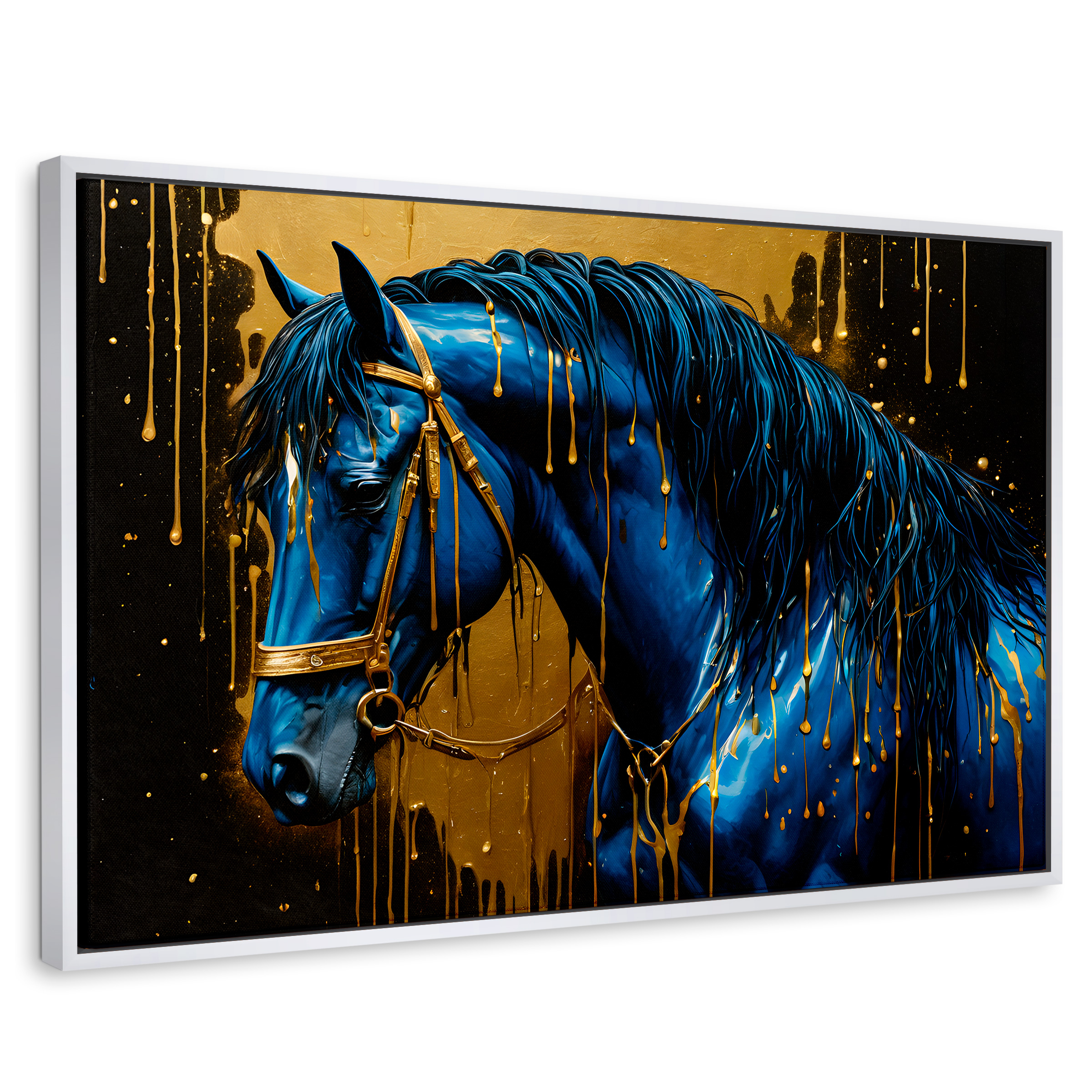 Cuadro Decorativo Marco Flotante Elegancia Azul Oro 90x60 Marco Blanco