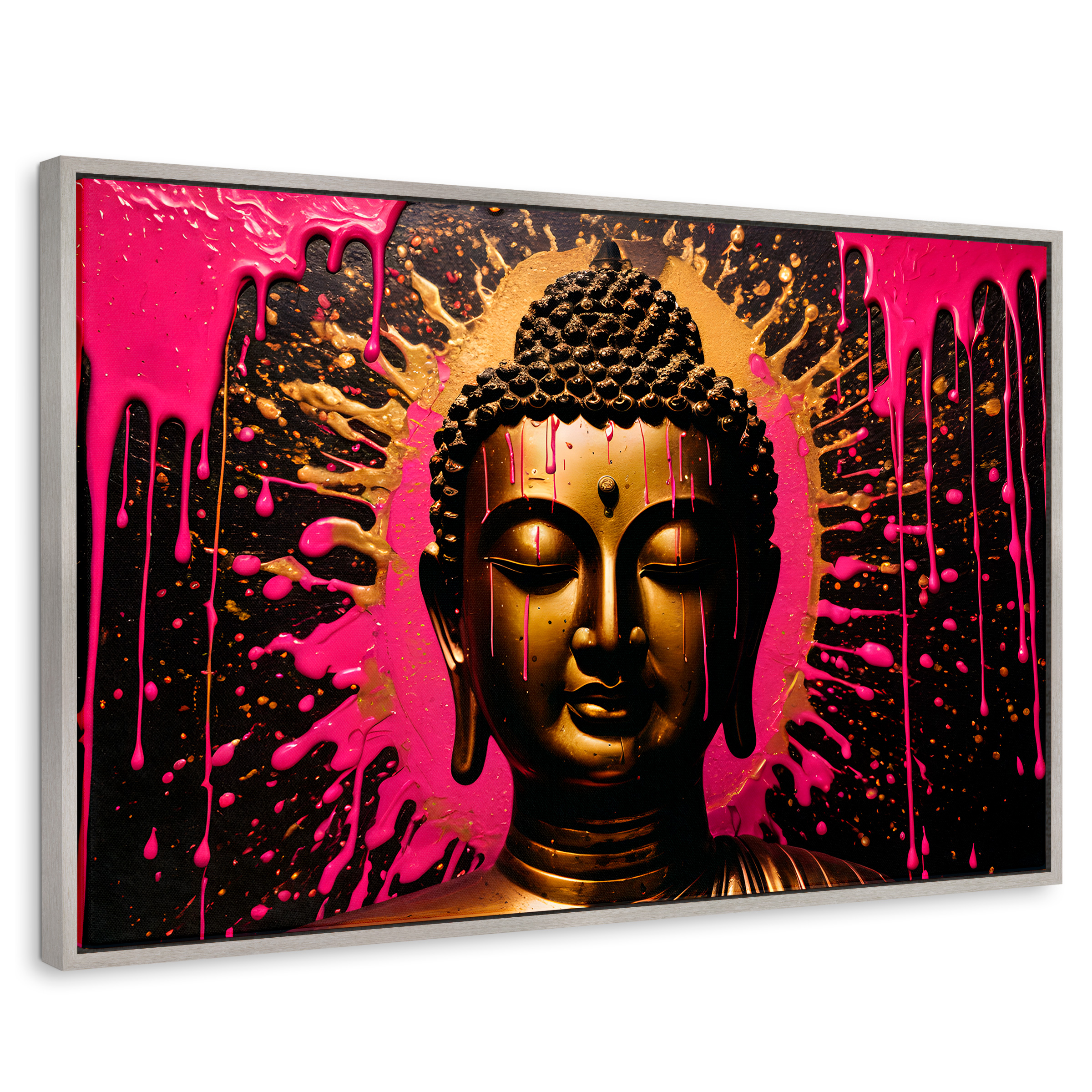 Cuadro Decorativo Marco Flotante Buda Reflejo Oro Rosa 90x60 Marco Plateado