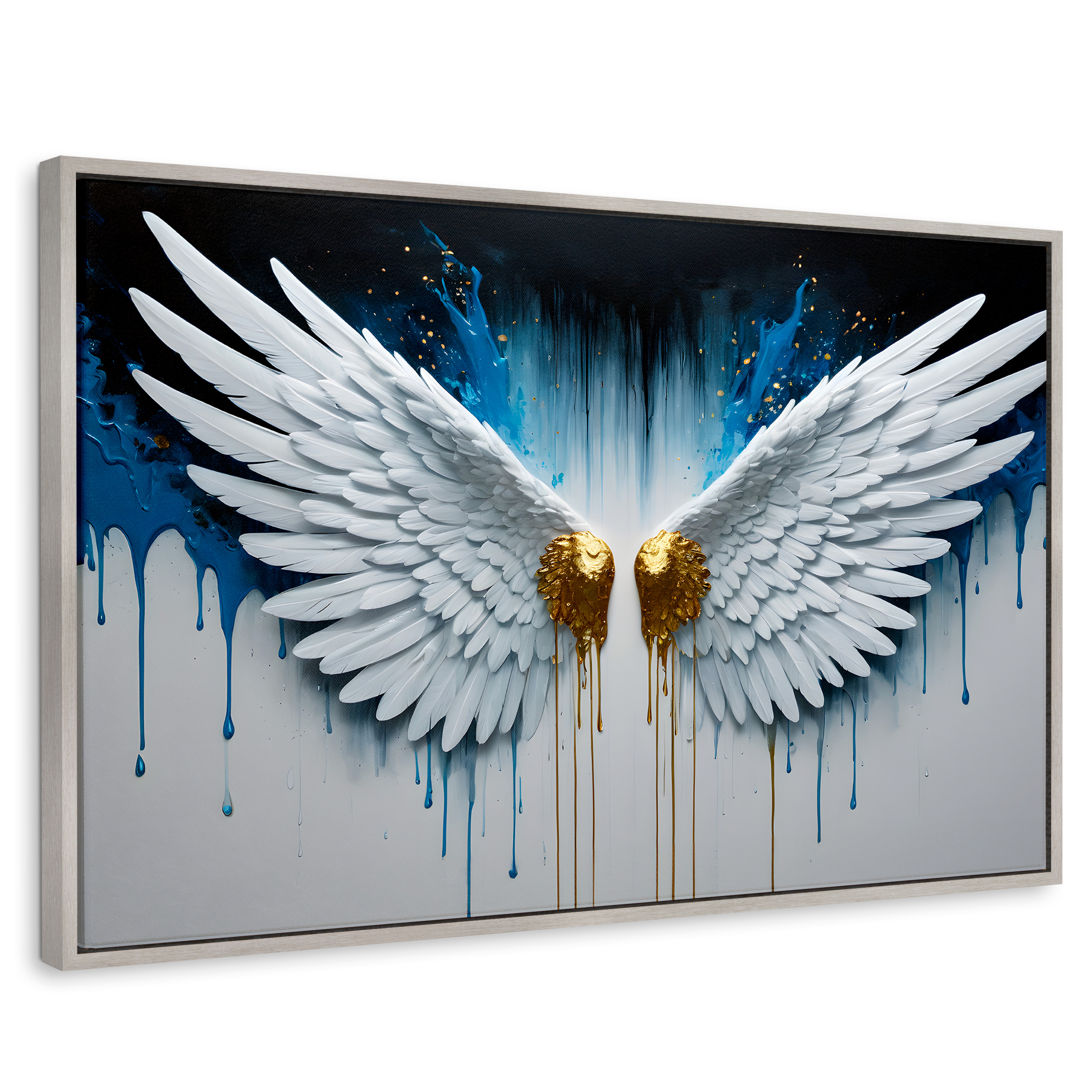Cuadro Decorativo Marco Flotante Alas Corazón Dorado 90x60 Marco Plateado