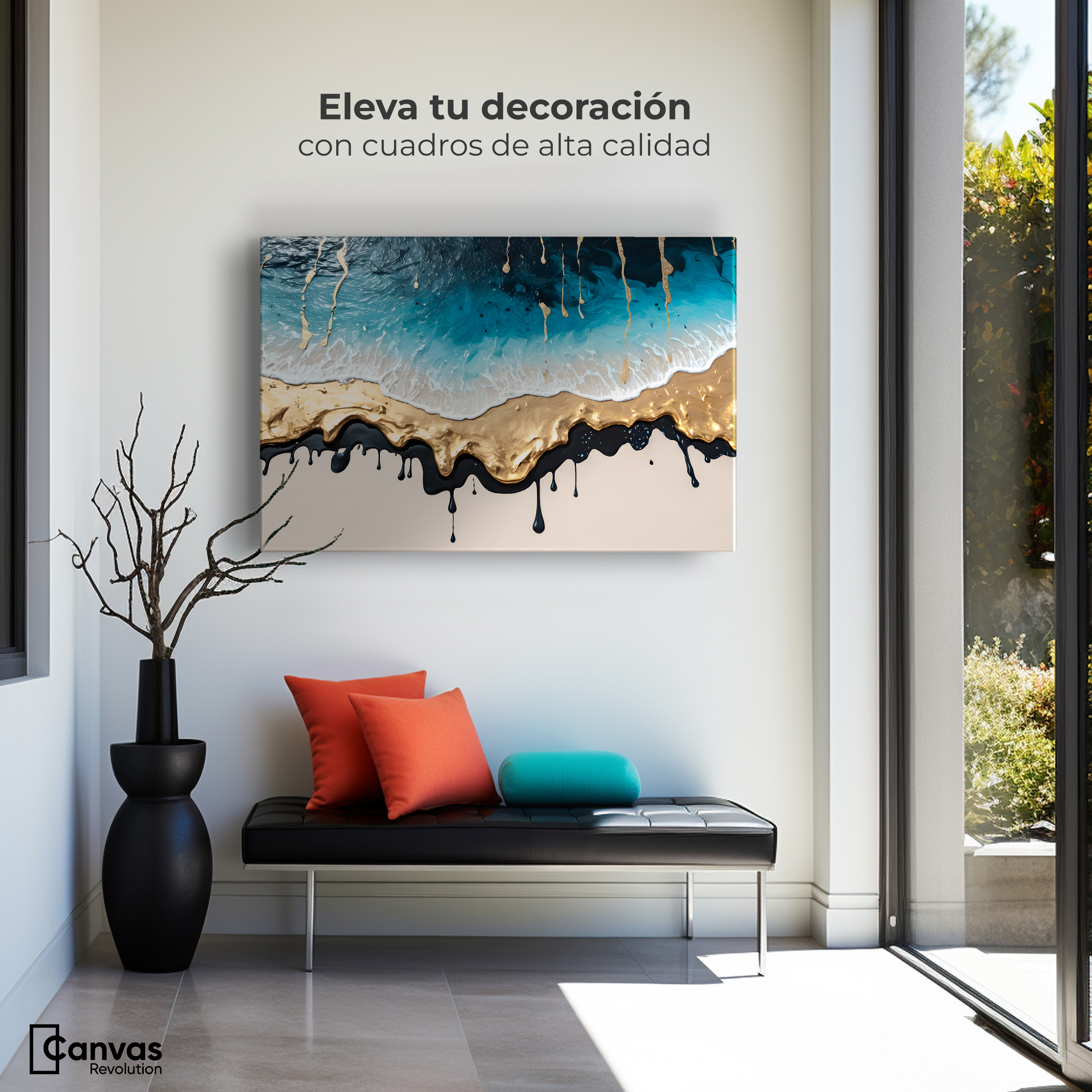 Foto 4 pulgar | Cuadro Decorativo Canvas Olas Azul Doradas 90x60