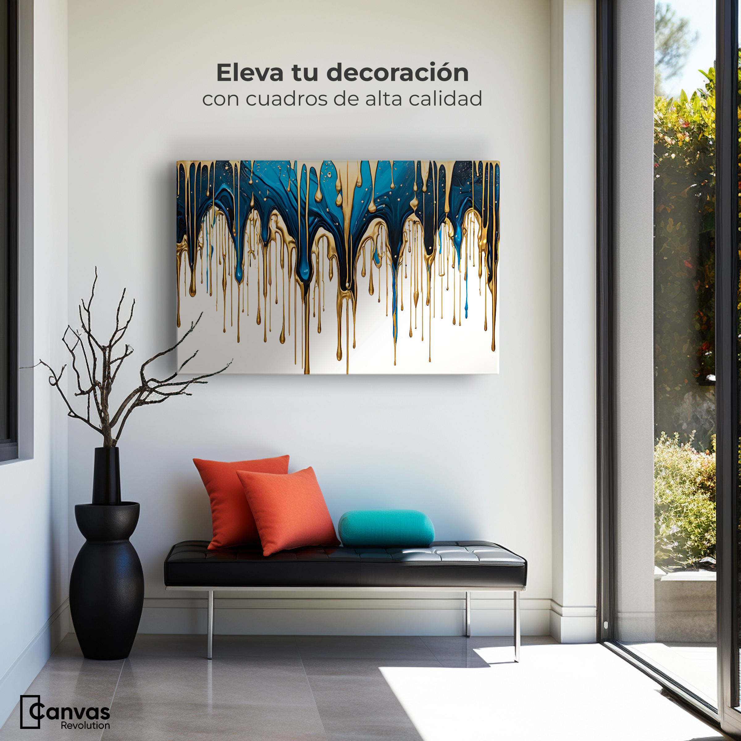 Foto 3 | Cuadro Decorativo Canvas Cascada Azul Dorado 90x60