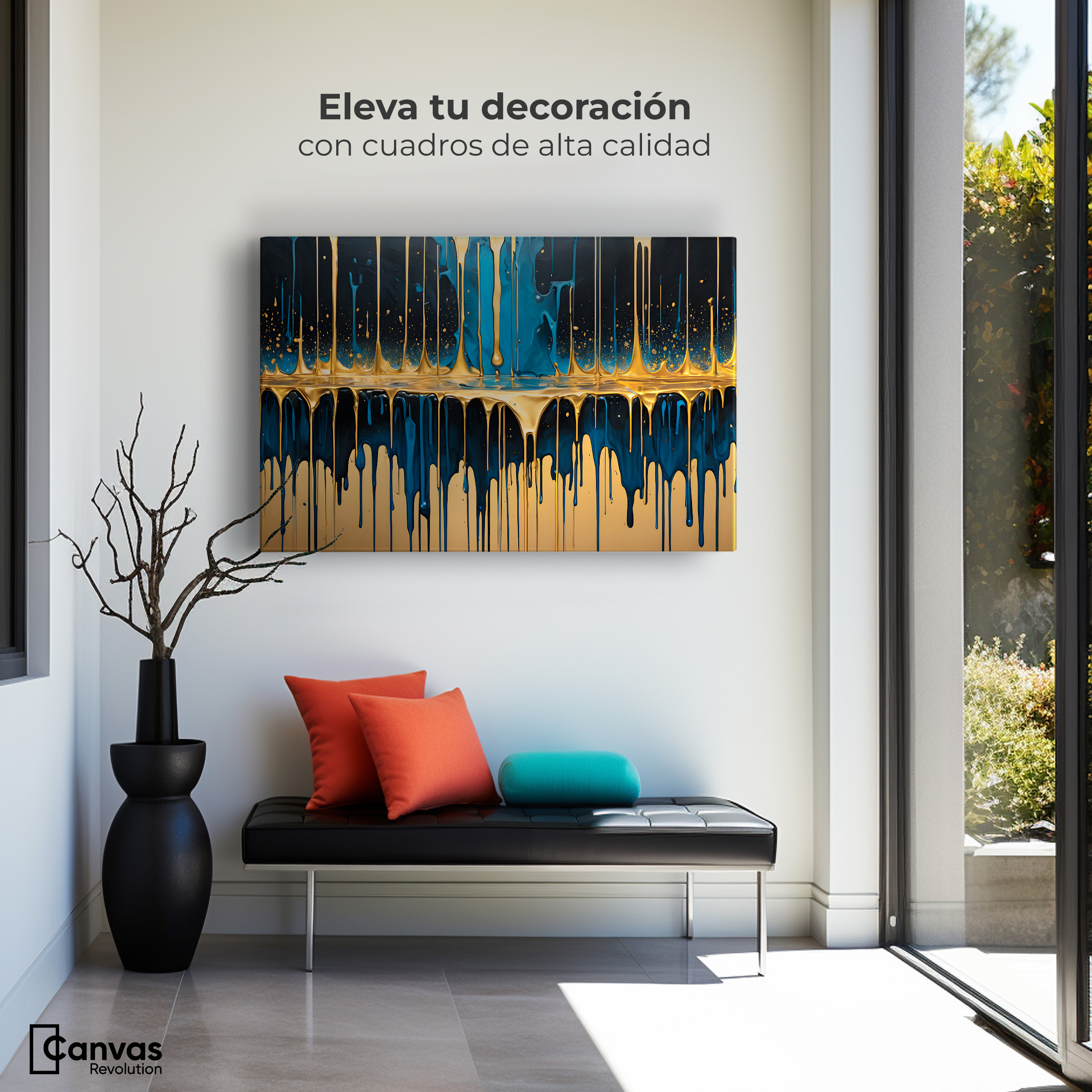 Foto 4 pulgar | Cuadro Decorativo Canvas Gotas Azul Doradas 90x60