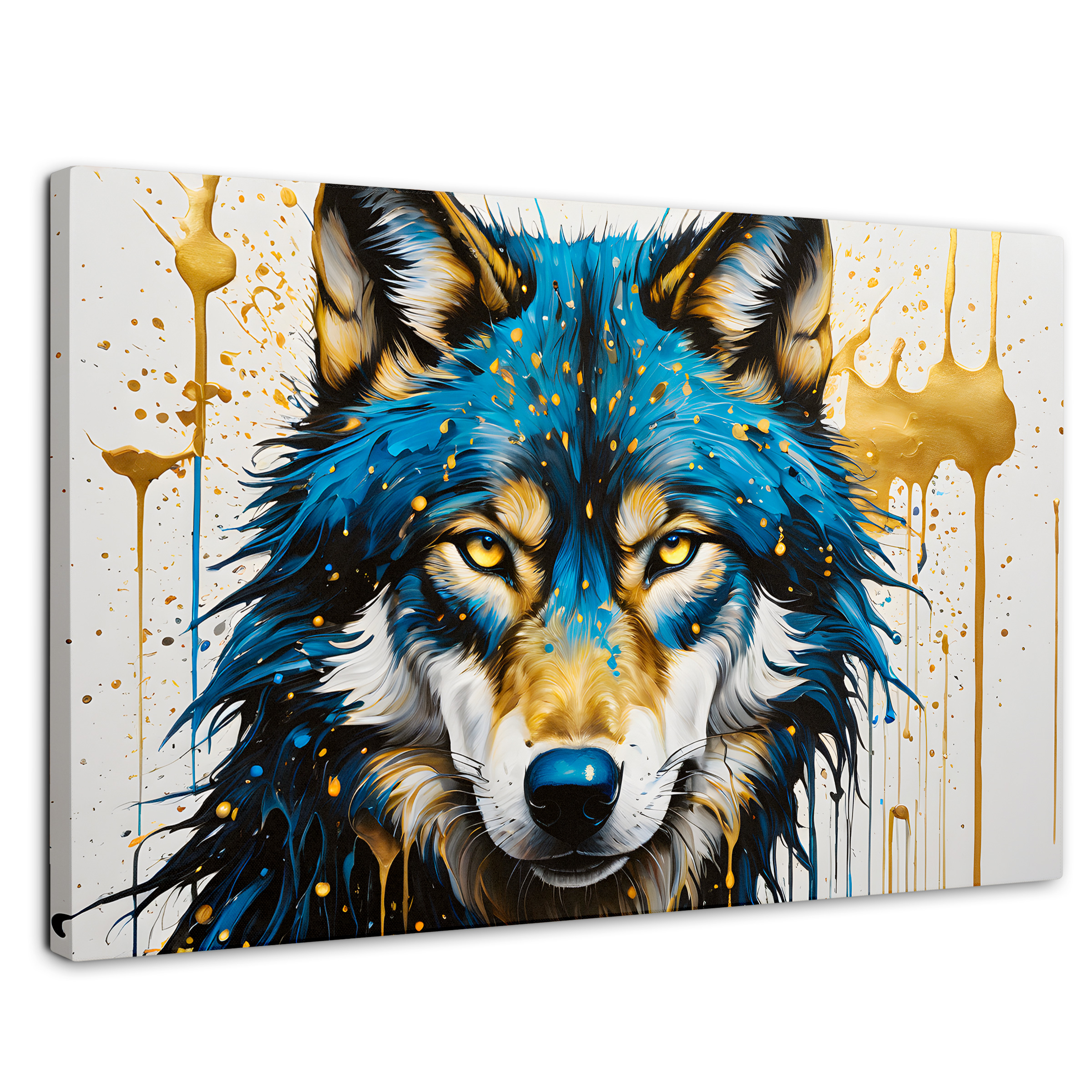 Cuadro Decorativo Canvas Lobo Azul Dorado 90x60