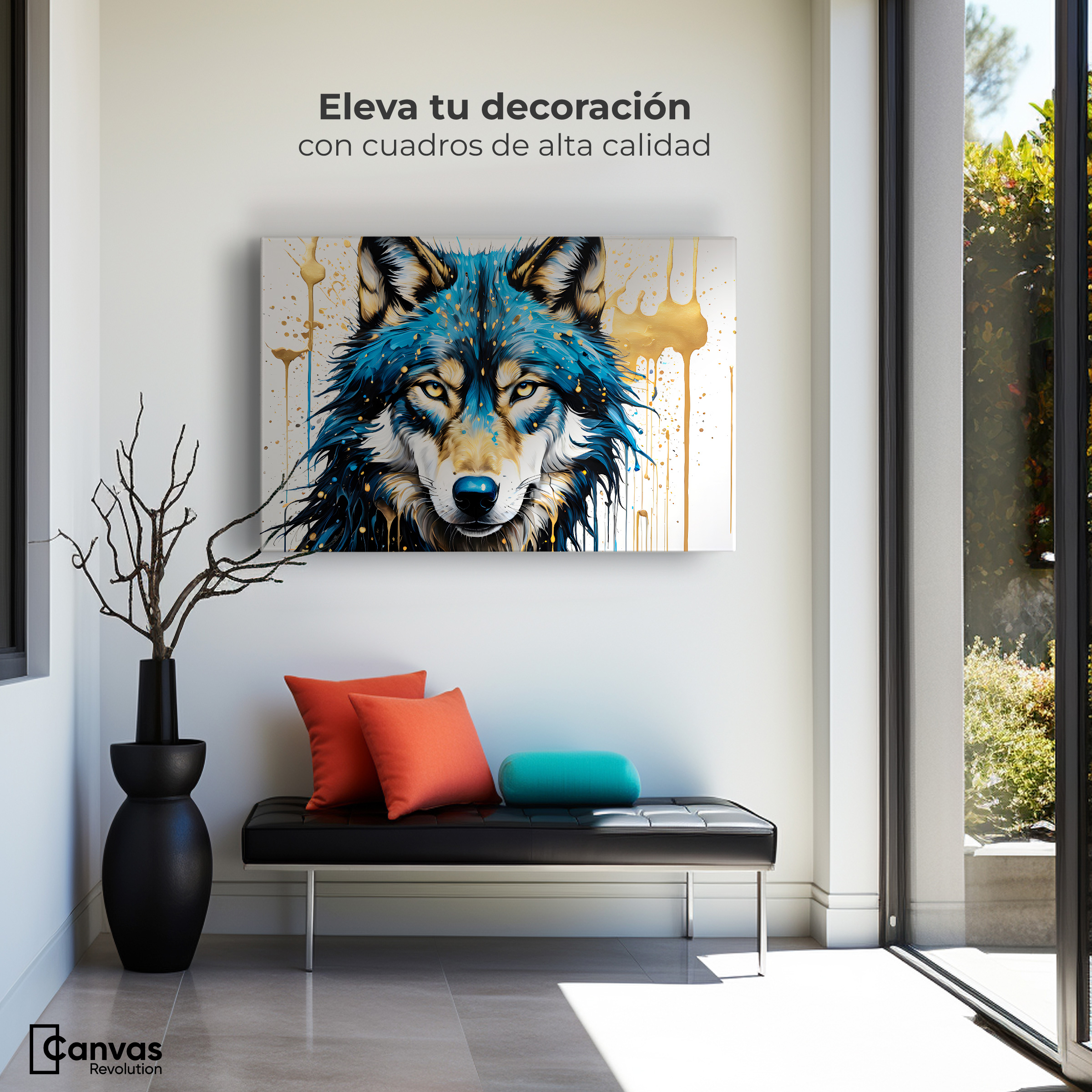 Foto 4 pulgar | Cuadro Decorativo Canvas Lobo Azul Dorado 90x60