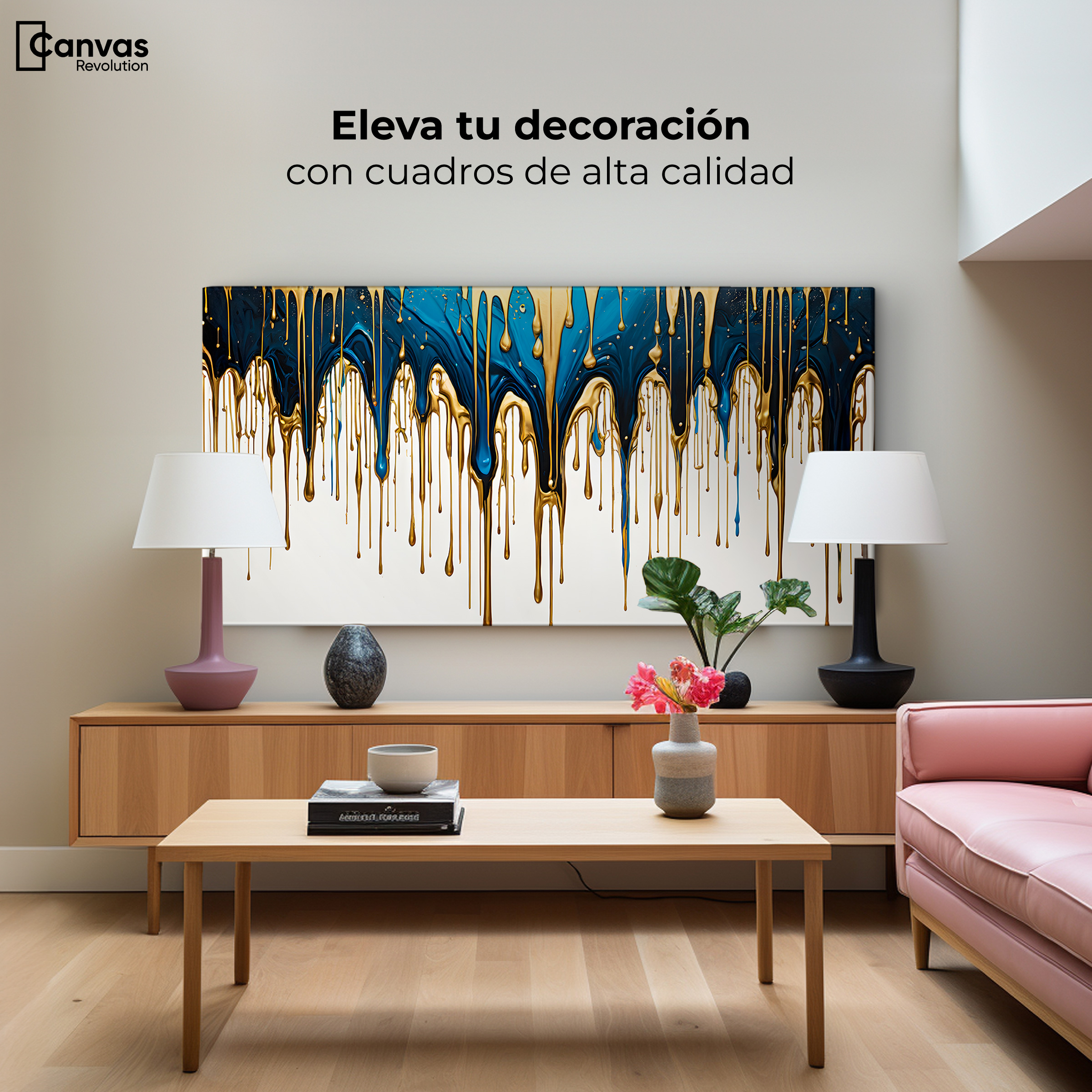 Foto 3 | Cuadro Decorativo Canvas Cascada Azul Dorado 120x60