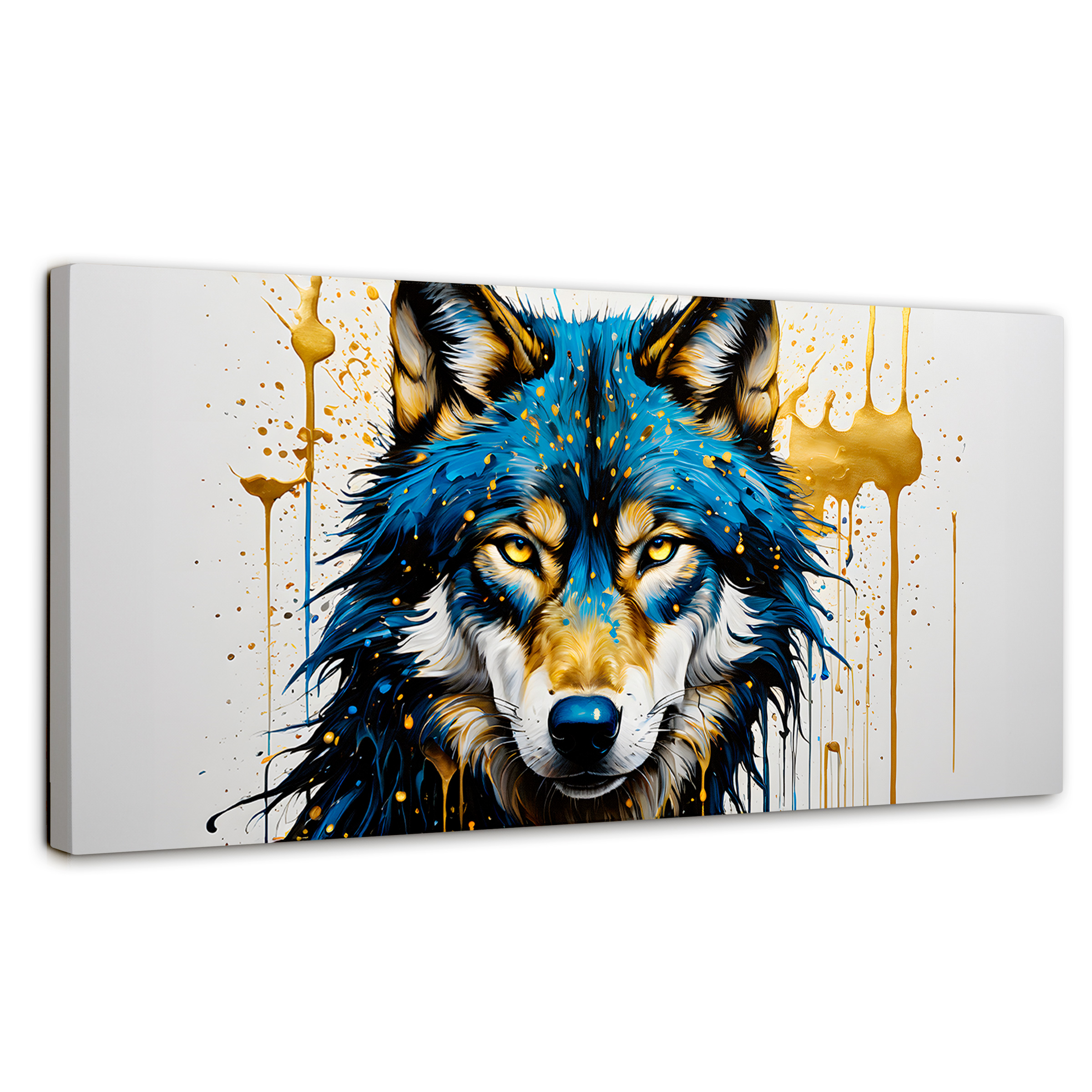 Cuadro Decorativo Canvas Lobo Azul Dorado 120x60