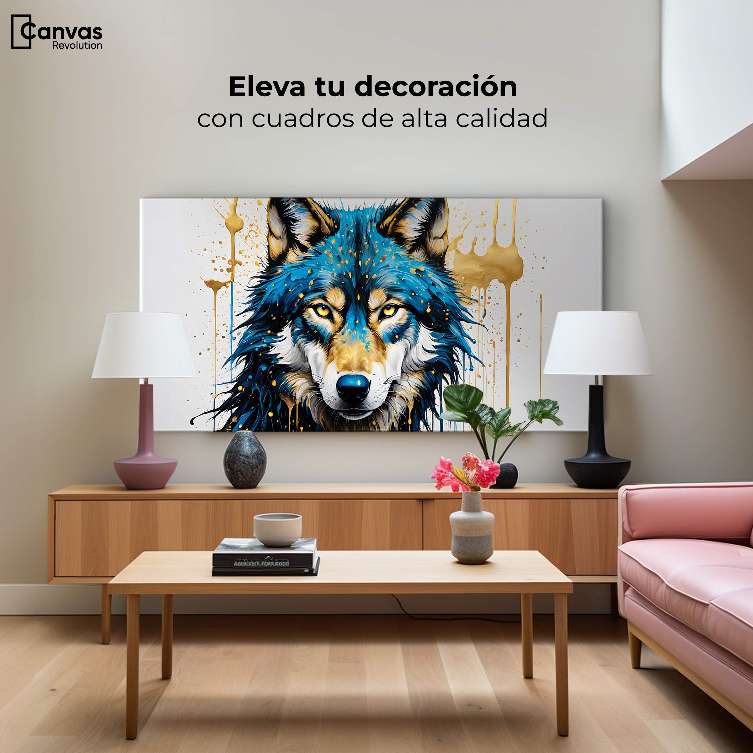 Foto 4 pulgar | Cuadro Decorativo Canvas Lobo Azul Dorado 120x60