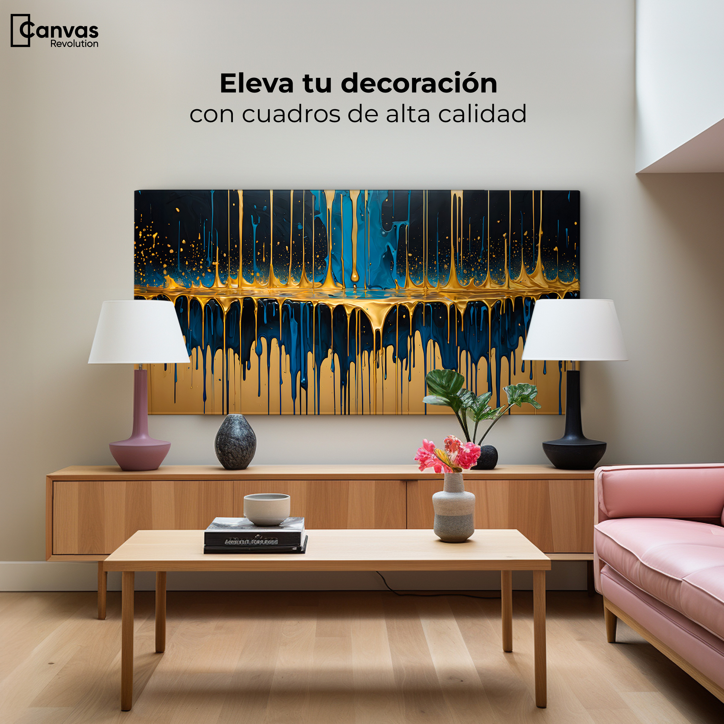 Foto 4 pulgar | Cuadro Decorativo Canvas Gotas Azul Doradas 120x60