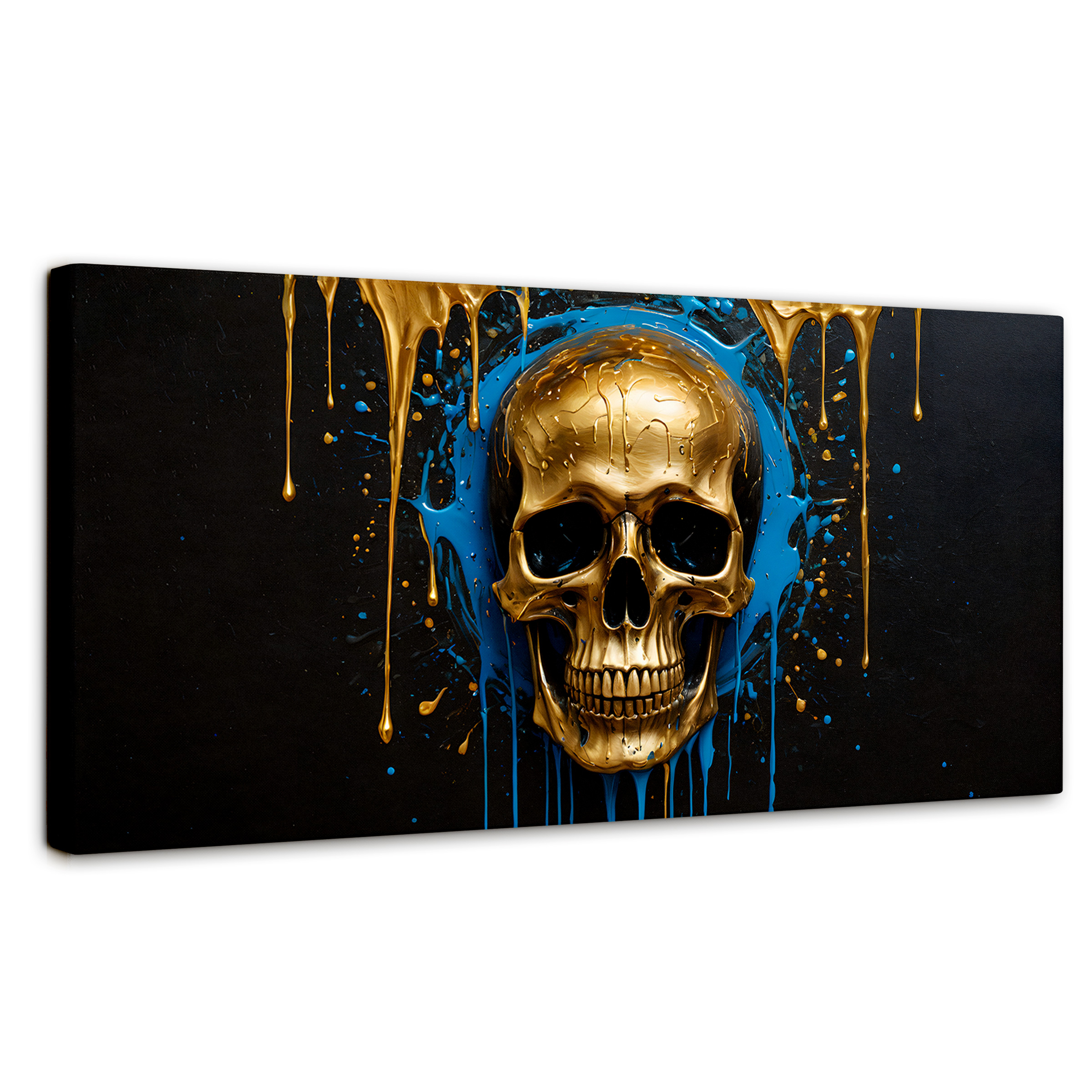 Cuadro Decorativo Canvas Cráneo Azul Dorado 120x60