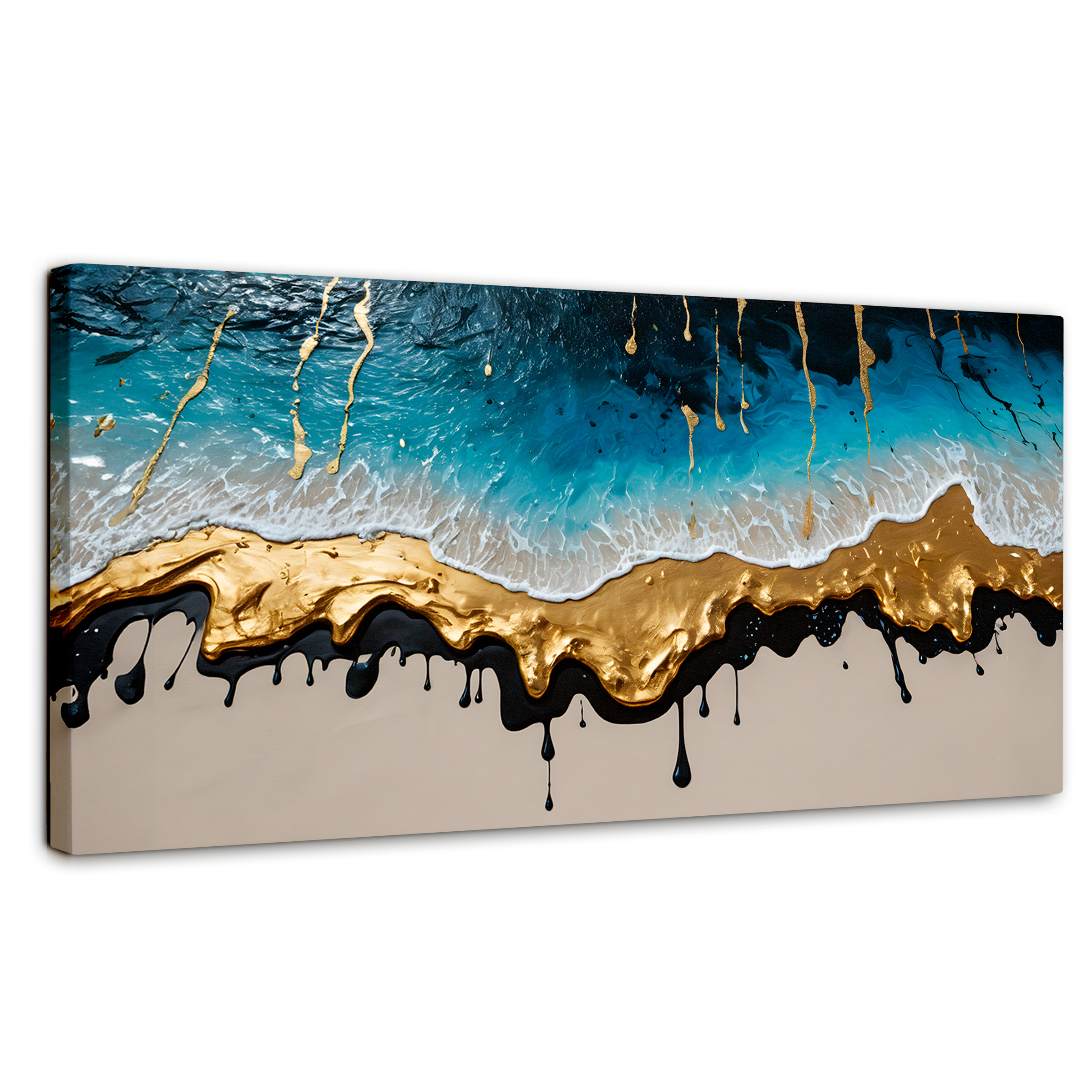 Cuadro Decorativo Canvas Olas Azul Doradas 120x60