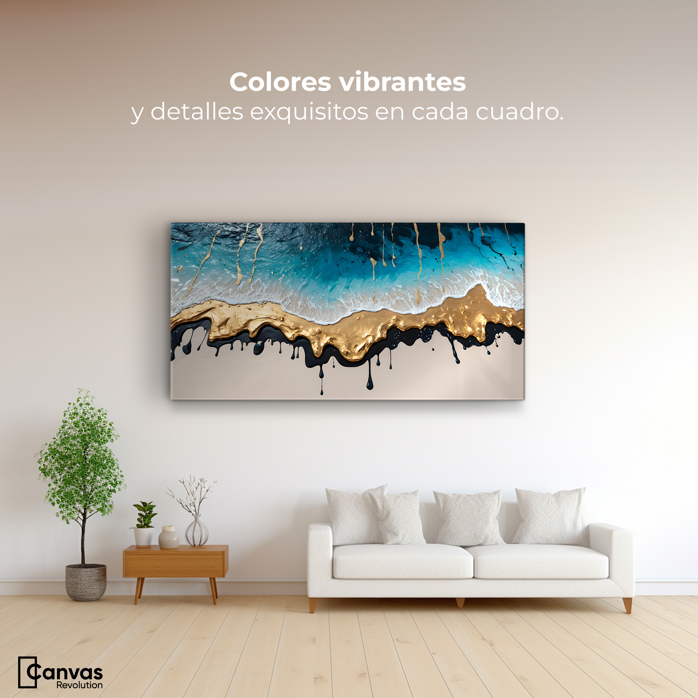 Foto 3 pulgar | Cuadro Decorativo Canvas Olas Azul Doradas 120x60