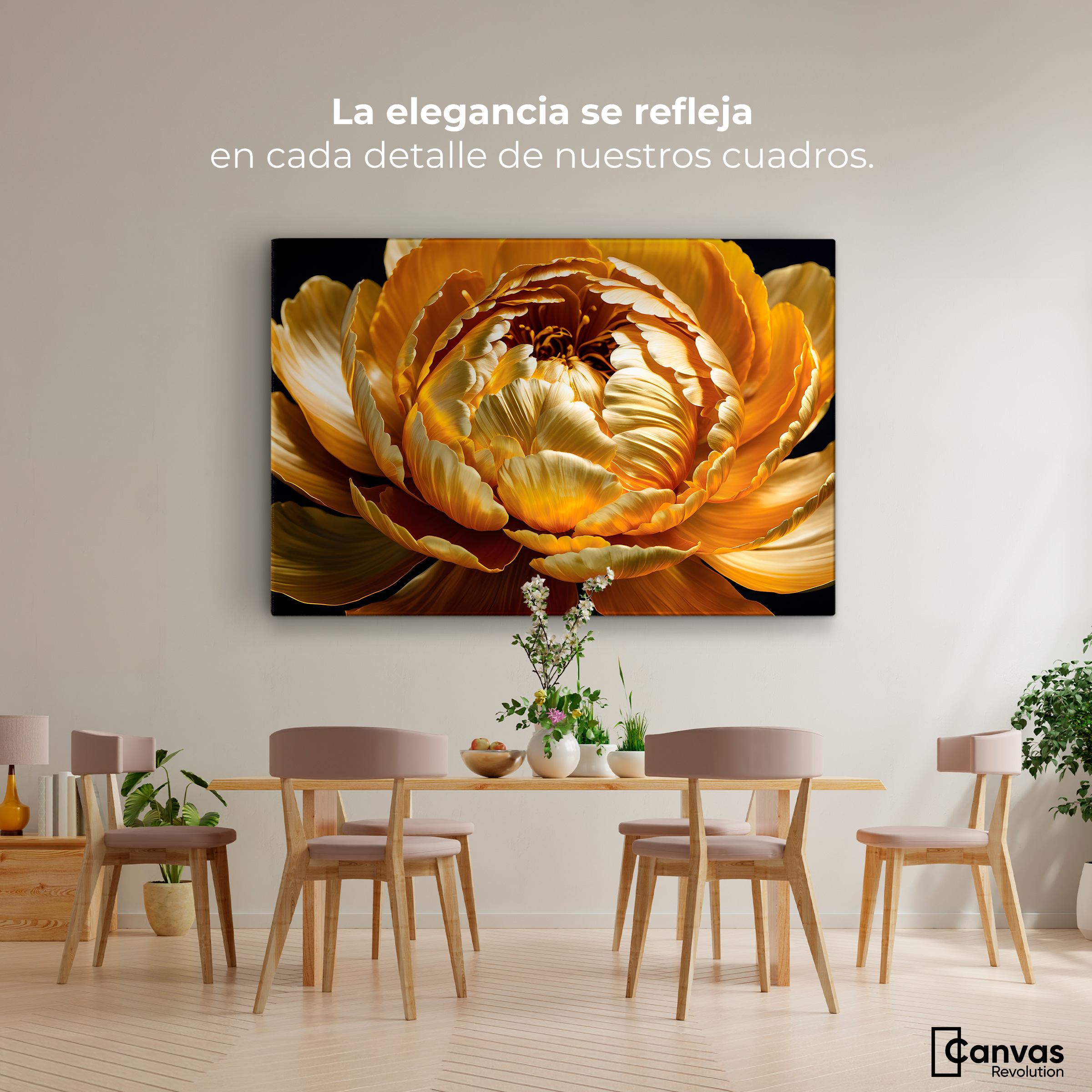 Foto 2 | Cuadro Decorativo Canvas Peonía Dorada Flor 90x60