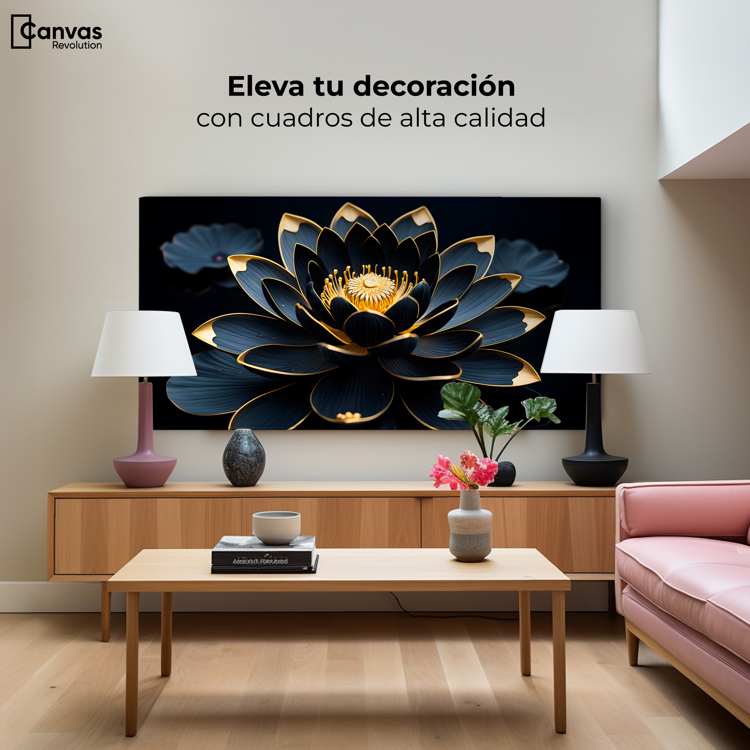 Foto 4 pulgar | Cuadro Decorativo Canvas Loto Negro Oro 120x60