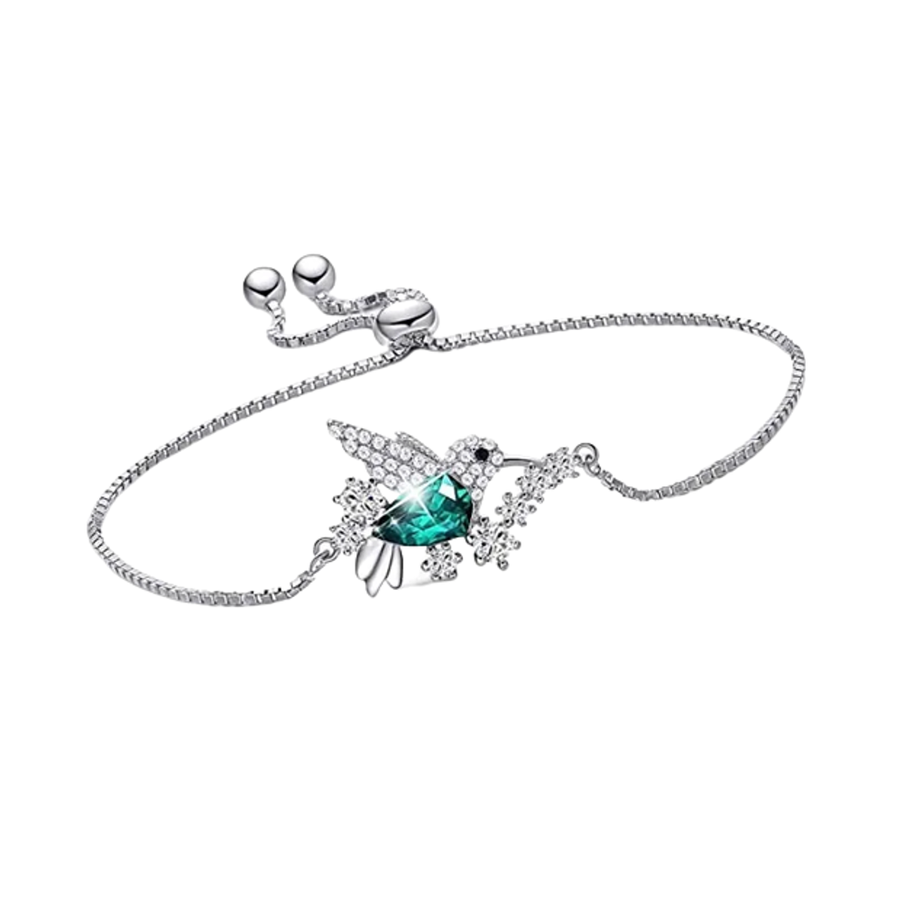 Pulsera  De Colibrí Para Mujer Con Cristales Austriacos Verde Con Plata