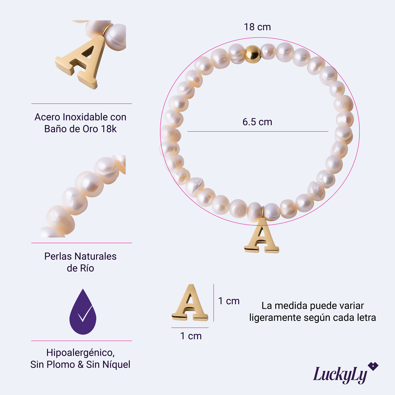 Foto 5 pulgar | Pulsera de Perlas Luckyly Galia Letra H Baño de Oro 18k para Mujer