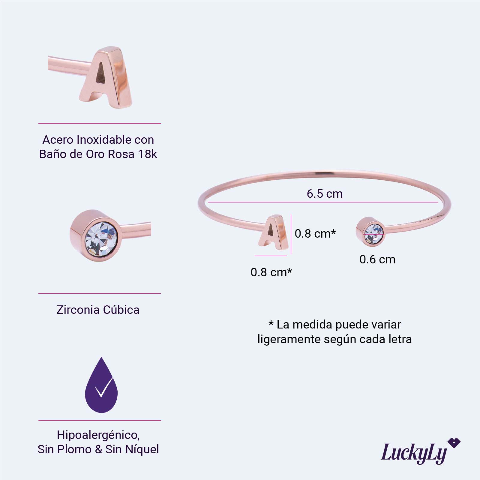 Foto 7 pulgar | Pulsera tipo Brazalete LuckyLy Baño de Oro Rosa 18k Sonia Letra W para Mujer