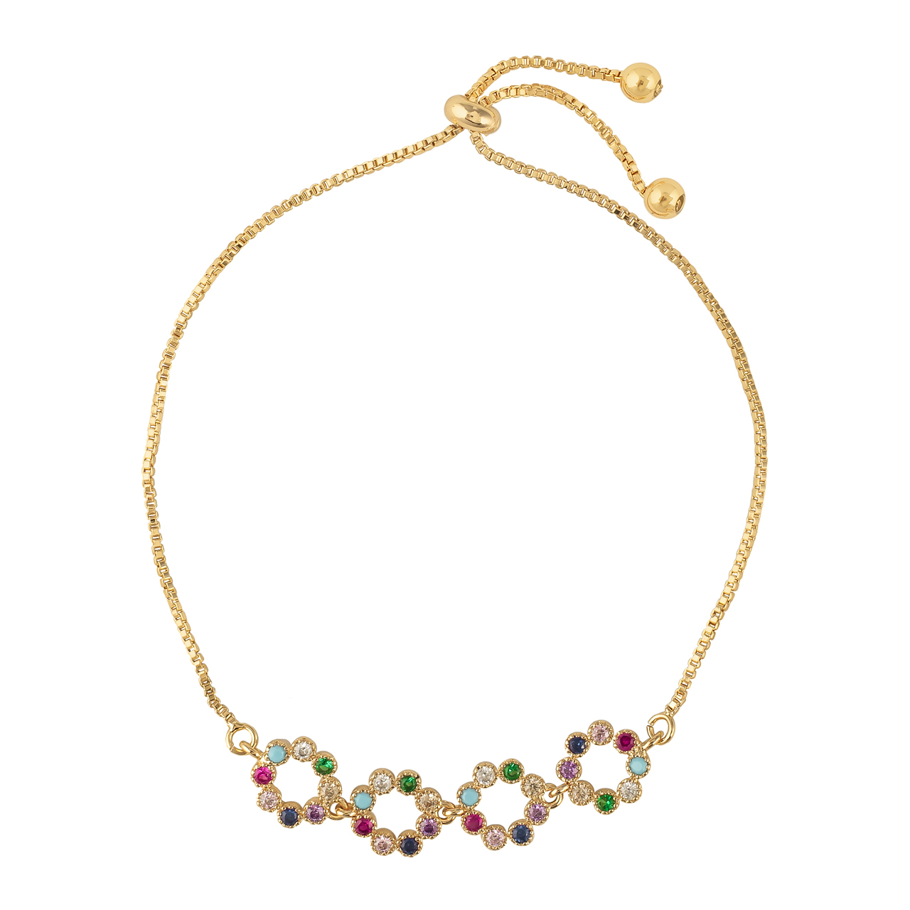 Pulsera de Chapa de Oro 18k Plafer Flores color Dorado Circonias Multicolor