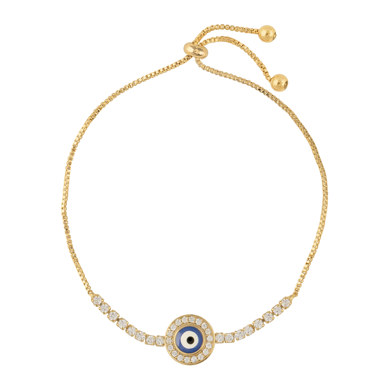 Pulsera de Chapa de Oro 18k Plafer Ojo Turco color Dorado con Circonias Ajustable