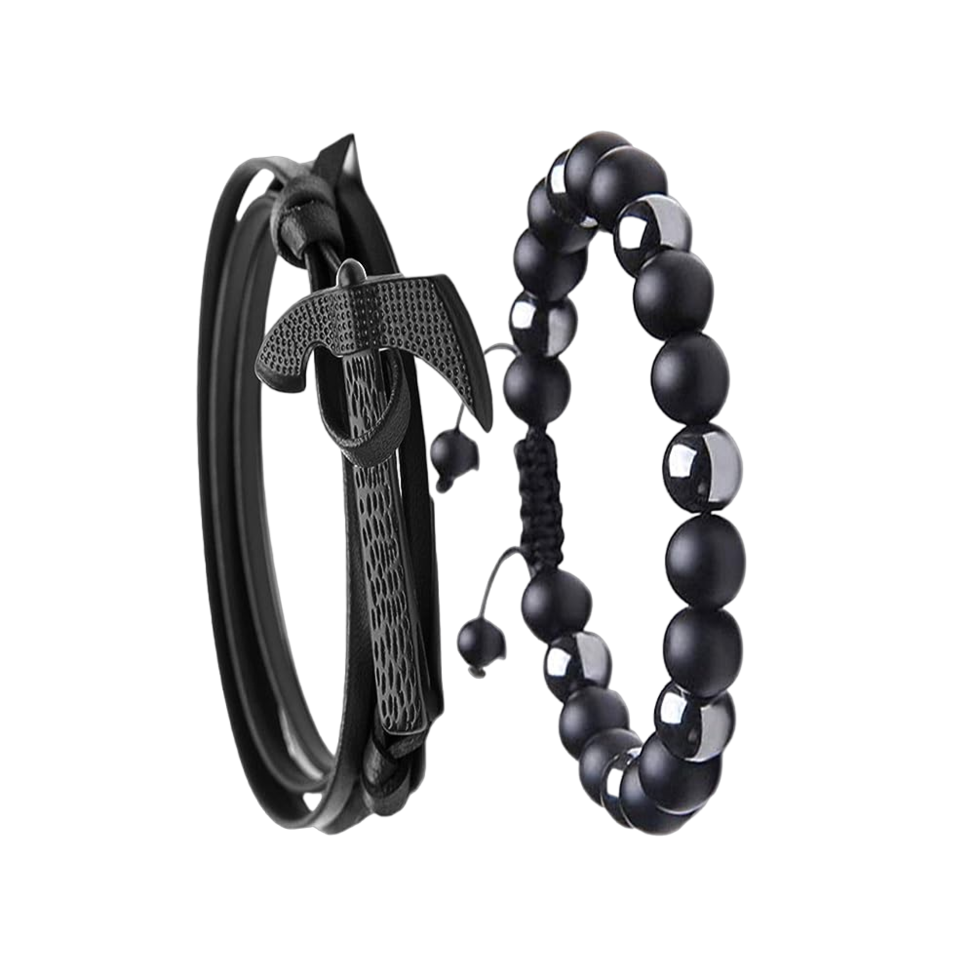 Brazalete De Cuentas Obsidiana Y Pulsera Hombre Hacha 2 Pzs Negro