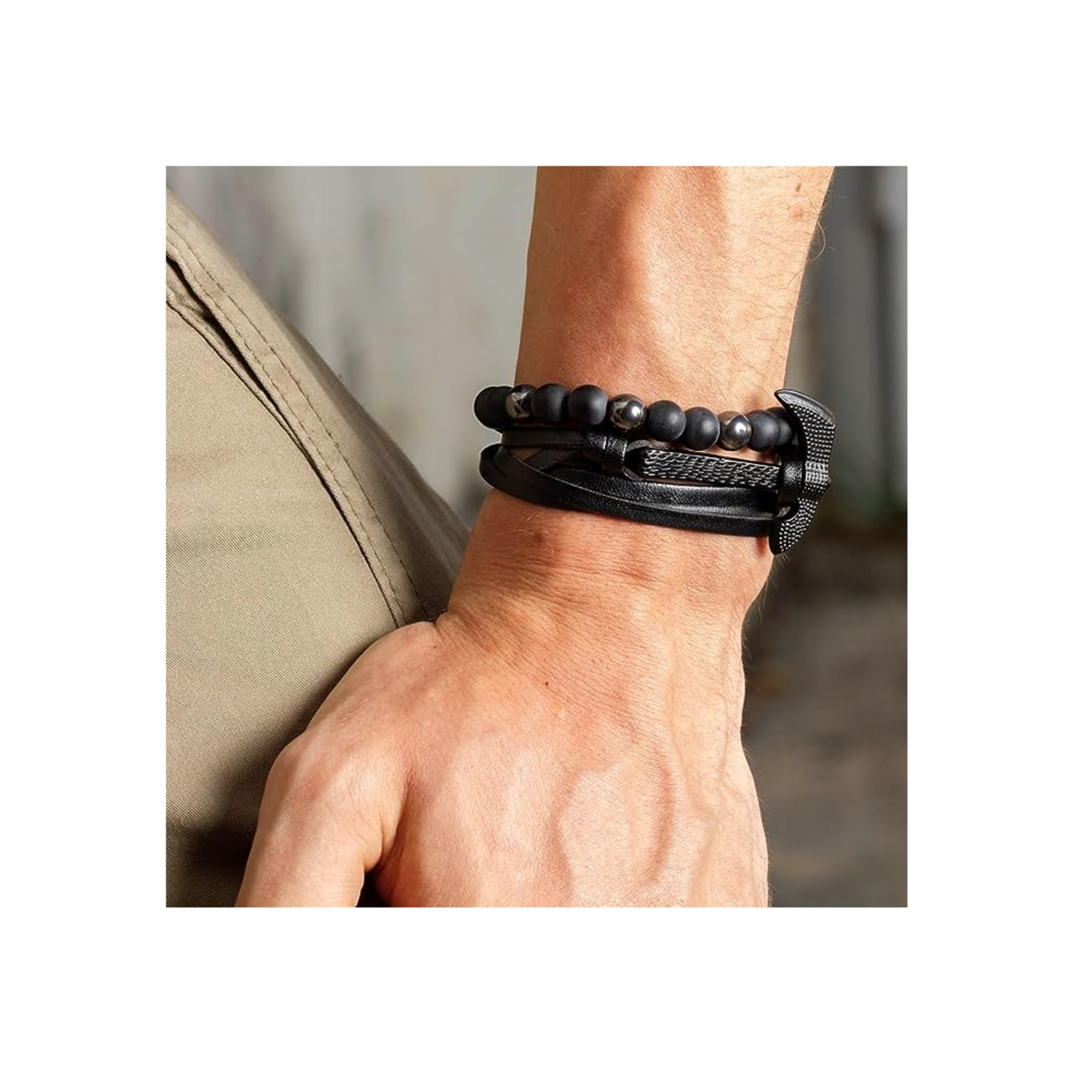 Foto 4 pulgar | Brazalete De Cuentas Obsidiana Y Pulsera Hombre Hacha 2 Pzs Negro