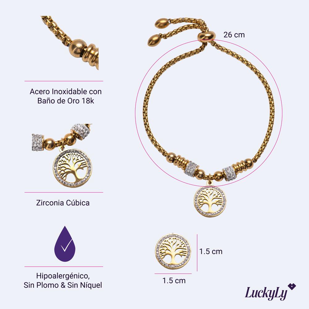 Foto 7 pulgar | Pulsera LuckyLy Dije de Árbol de la Vida Pía Oro con Zirconia Cúbica