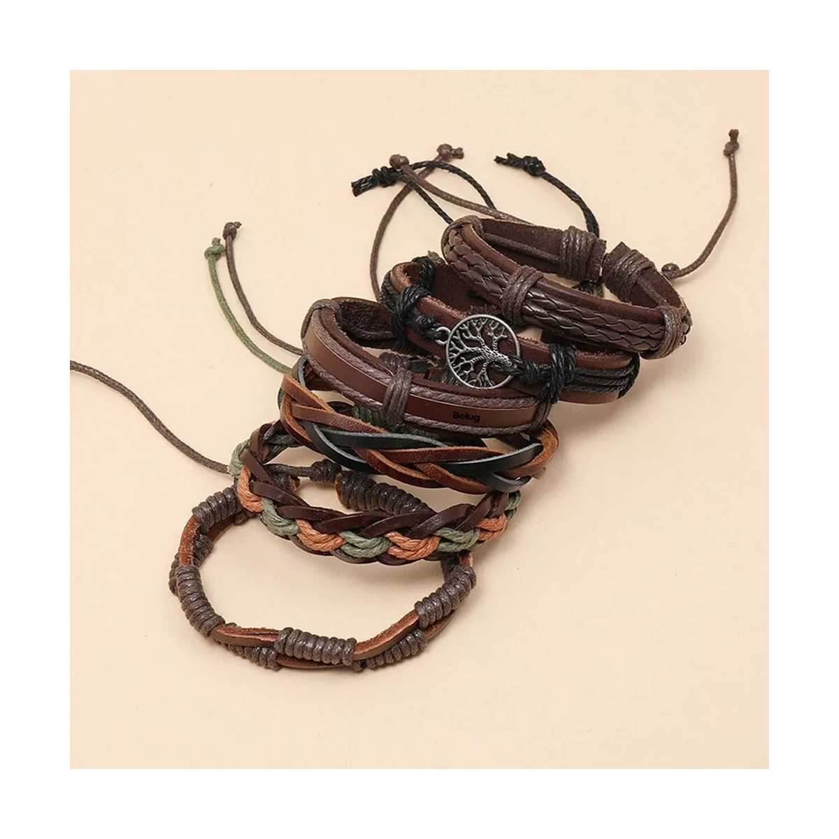 Foto 4 pulgar | Brazalete De Hombre Cuero Vintage Set De 6 Dije Árbol, Color Café