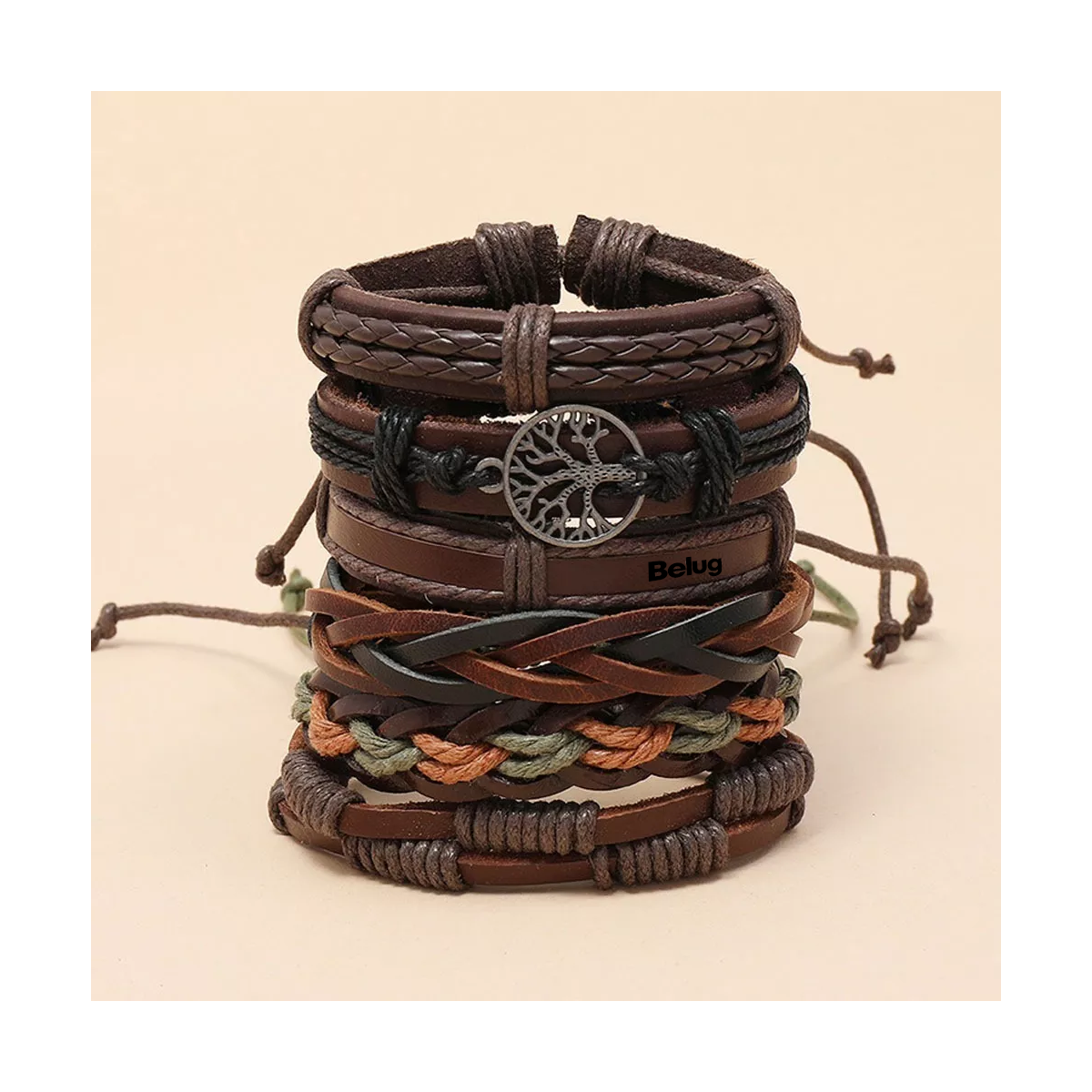 Foto 5 pulgar | Brazalete De Hombre Cuero Vintage Set De 6 Dije Árbol, Color Café