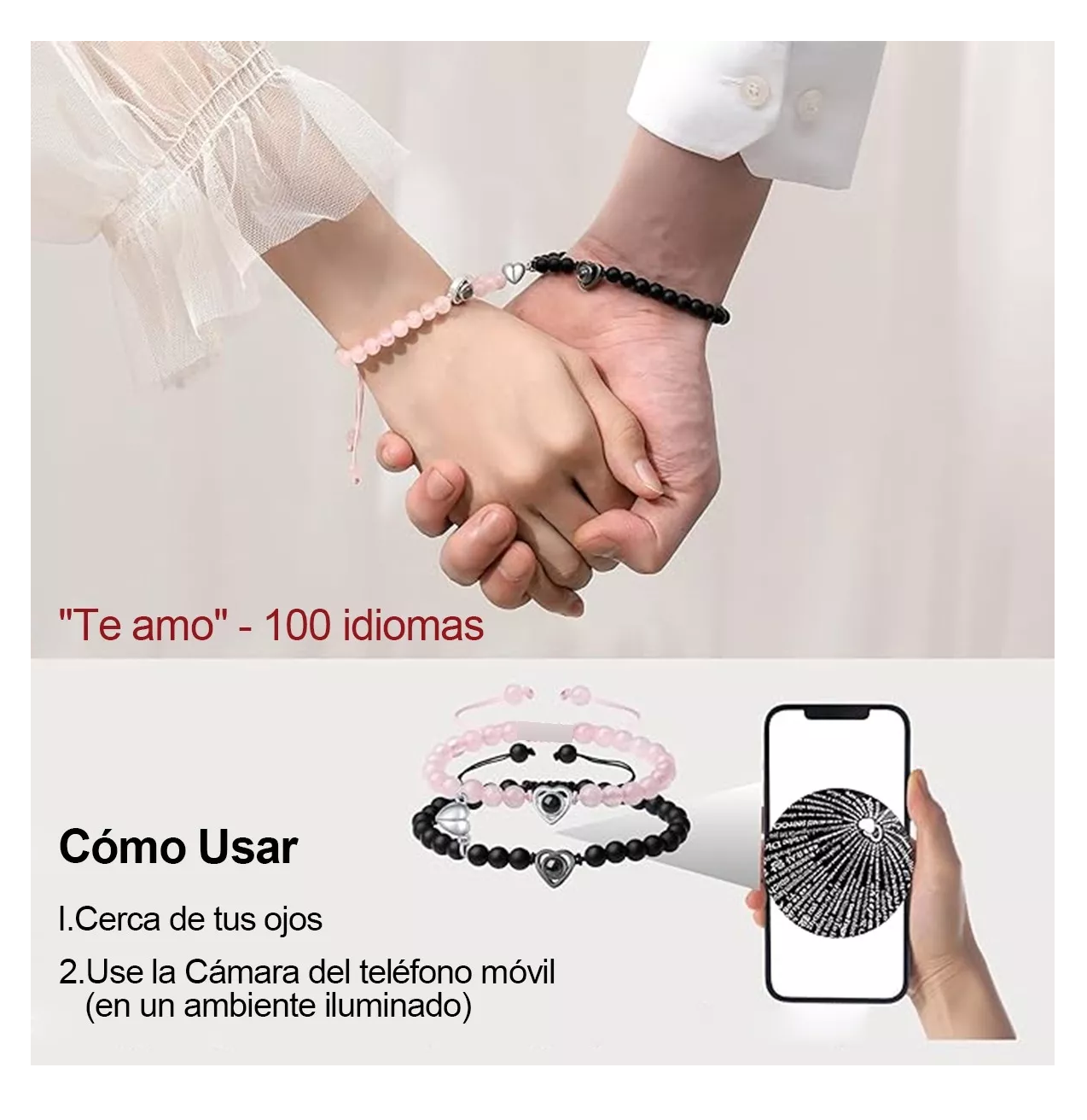 Foto 4 pulgar | Pulseras Para Pareja Amor En 100 Idiomas, Color Rosa-negro