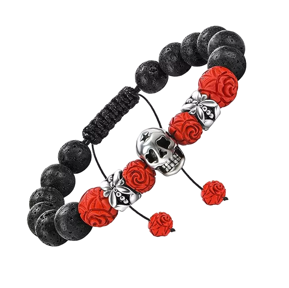 Pulsera Calavera Vintage Piedra De Lava Ojo De Tigre Hombre, Rojo/negro