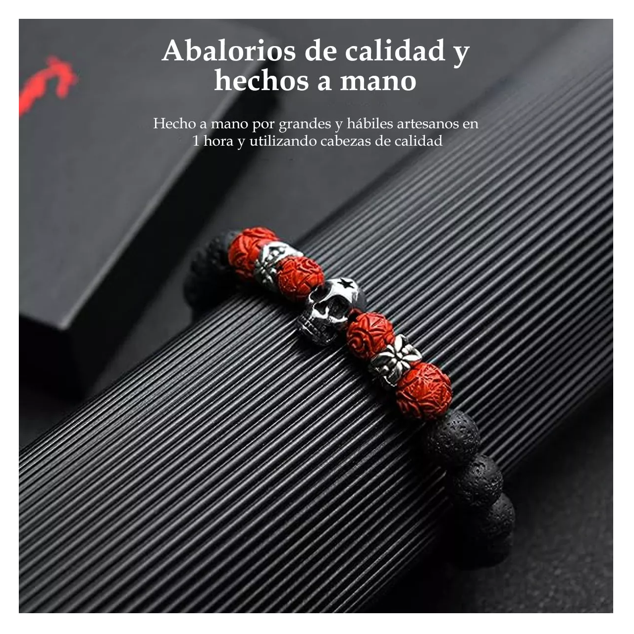 Foto 4 pulgar | Pulsera Calavera Vintage Piedra De Lava Ojo De Tigre Hombre, Rojo/negro