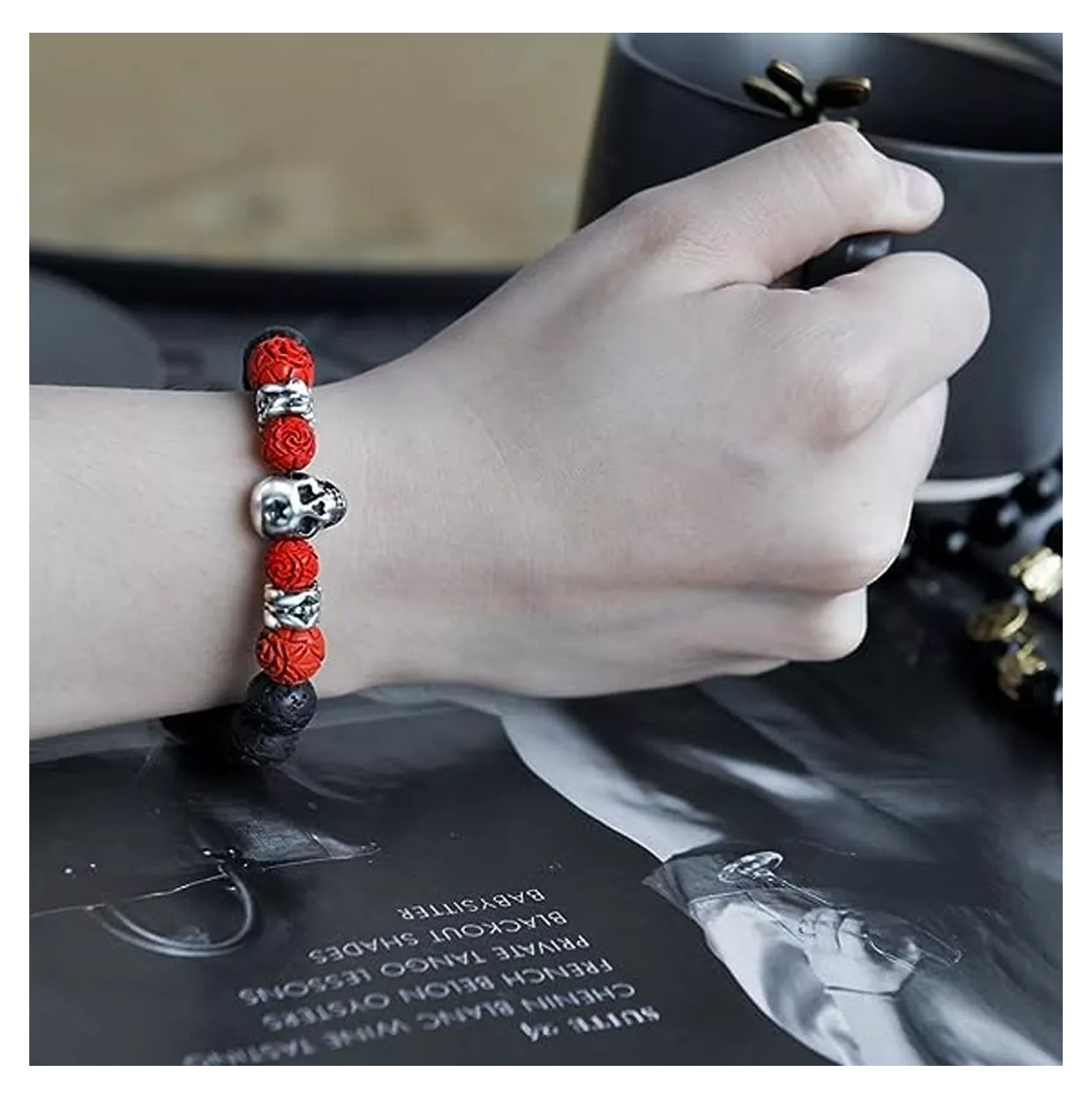 Foto 5 | Pulsera Calavera Vintage Piedra De Lava Ojo De Tigre Hombre, Rojo/negro